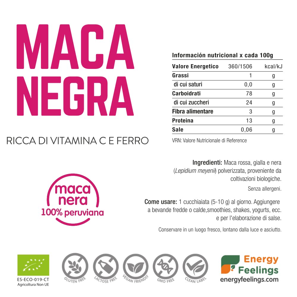 Energy Feelings Dietética & Suplementos Maca Nera Peruviana BIO in polvere 200 g