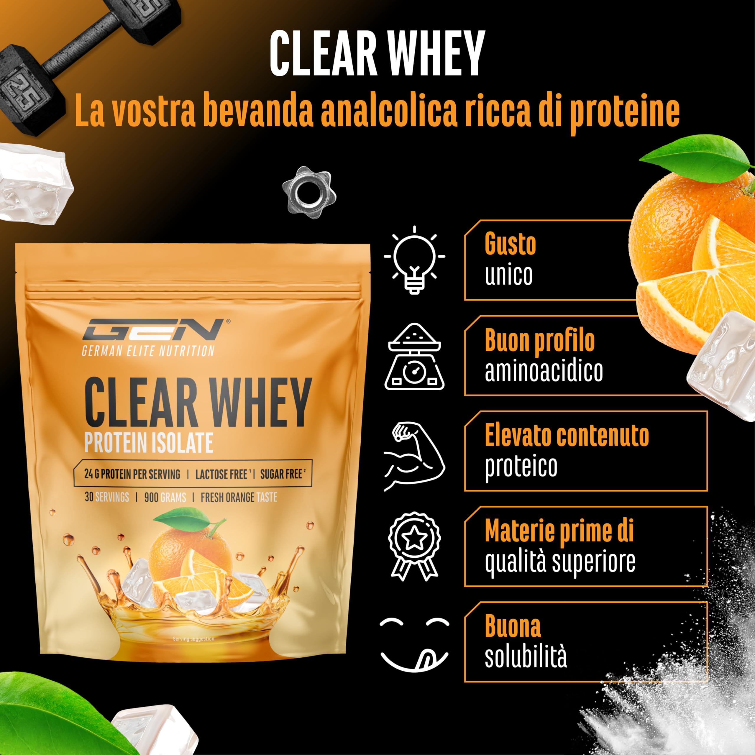 Elite Clear Whey Isolate Protein Shake 900 g Arancia Fresca 24 g proteine