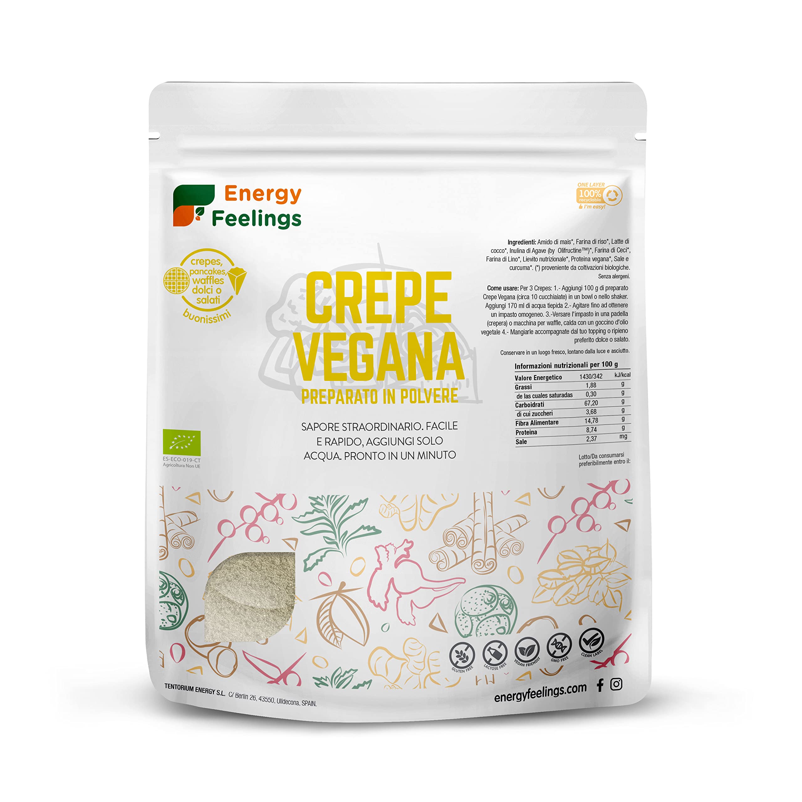 Energy Feelings Farine senza glutine, legumi e semi Preparato per Crepes, Pancakes, Waffle 1 kg bio