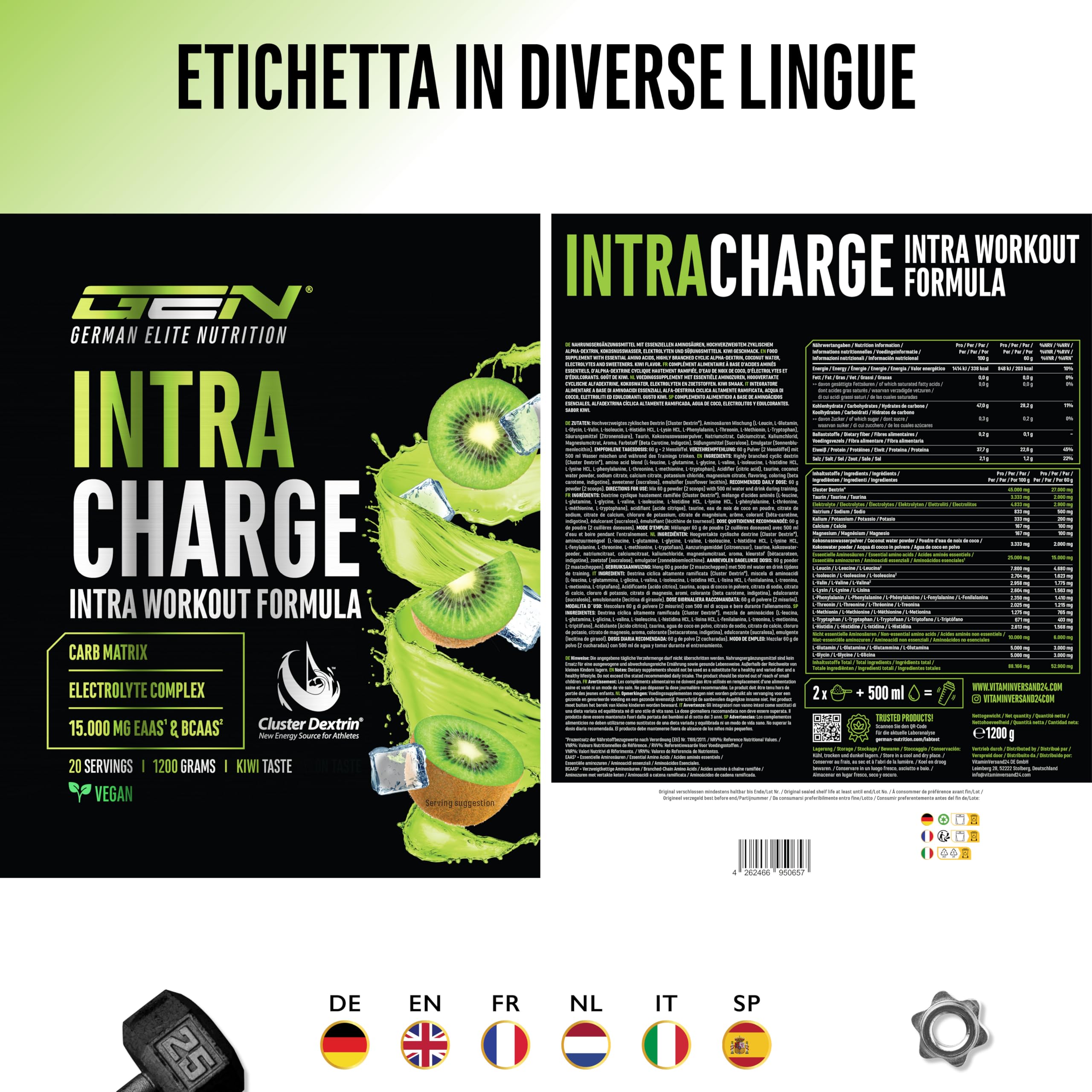 Elite Pre-Workout & Pump Intra Charge Workout Drink 1,2 kg Kiwi Vegano