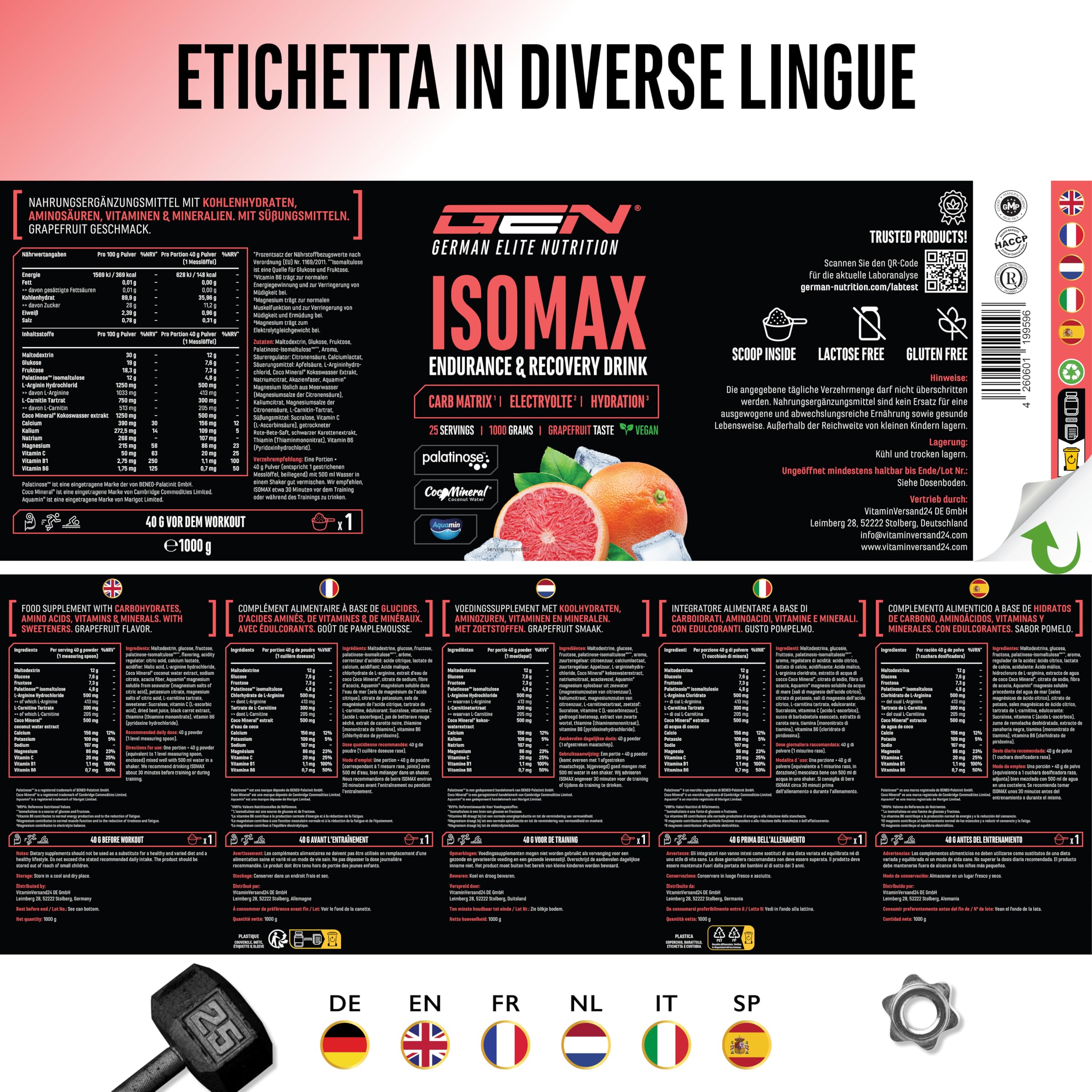 Elite Vitamins, Minerals & Hydration Isomax bevanda isotonica 1 kg pompelmo vegana