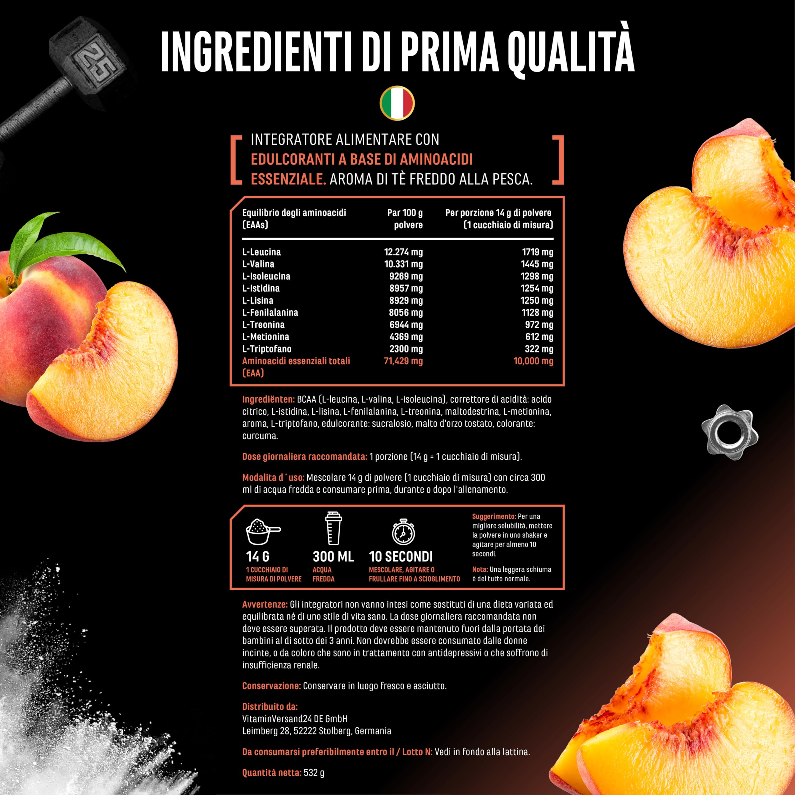 Elite EAA & BCAA EAA in polvere 532 g tè freddo alla pesca, 9 aminoacidi essenziali