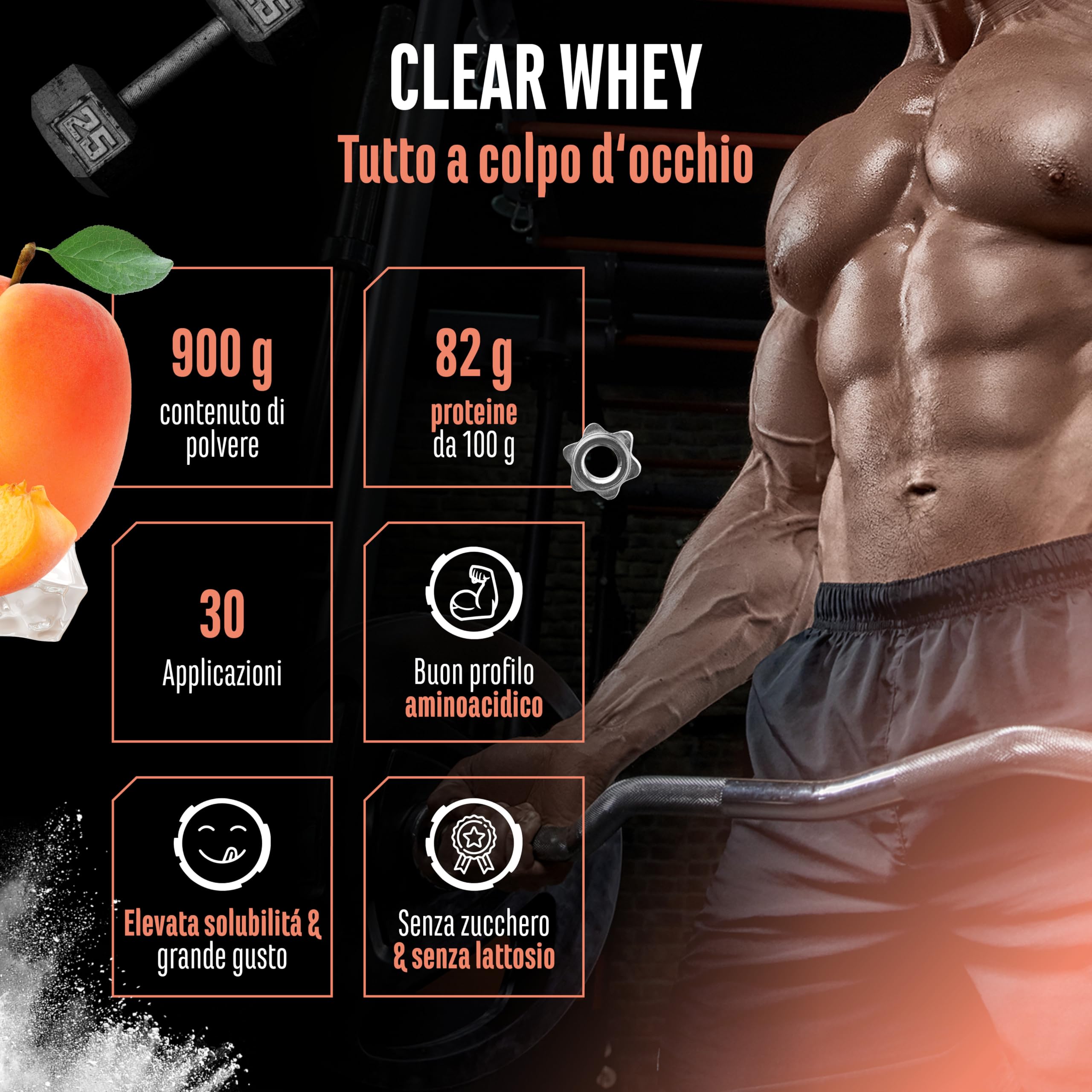Elite Clear Whey Isolate Protein Shake proteine albicocca 900 g, 24 g per porzione
