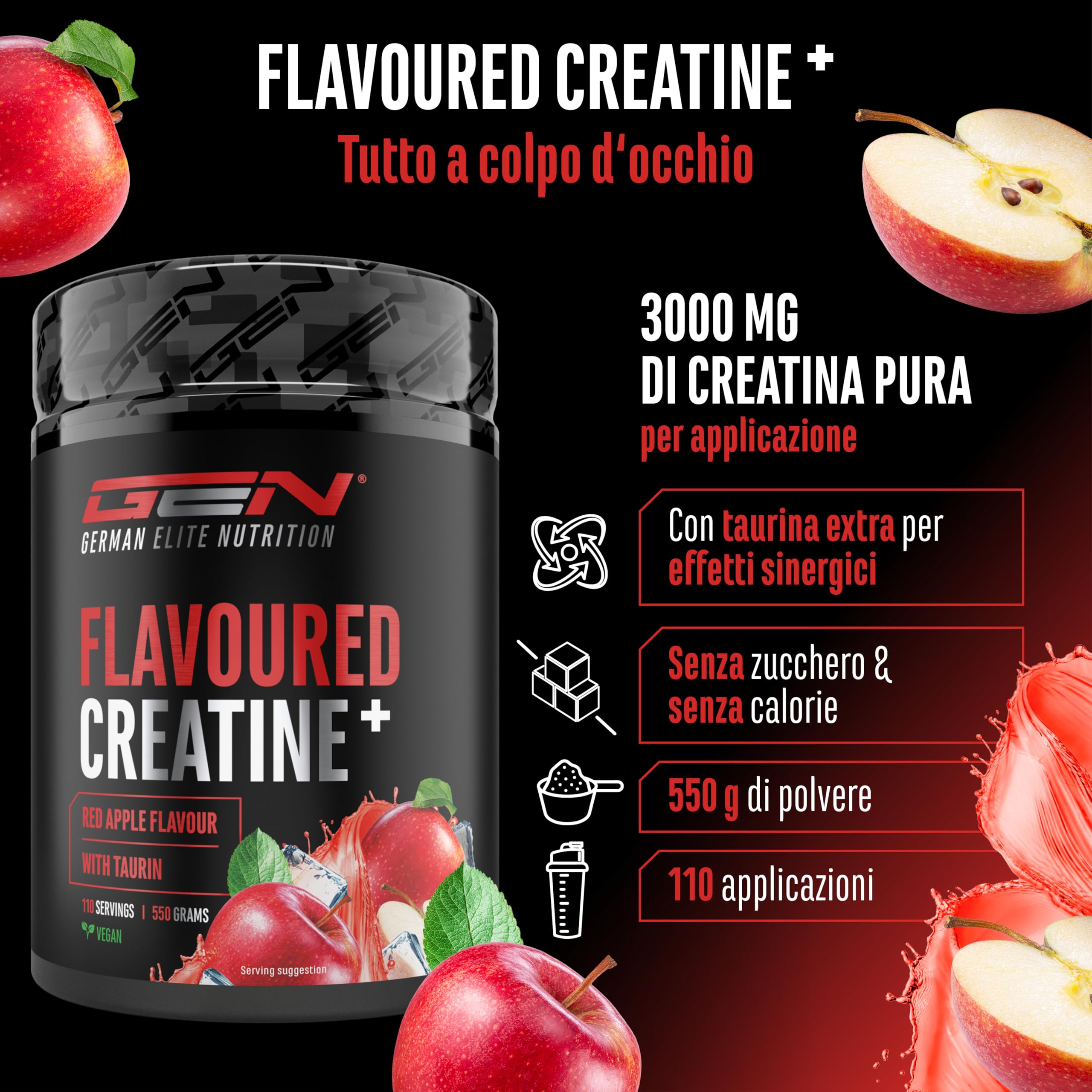 Elite Creatine Flavoured Creatine in polvere 550 g Red Apple con taurina