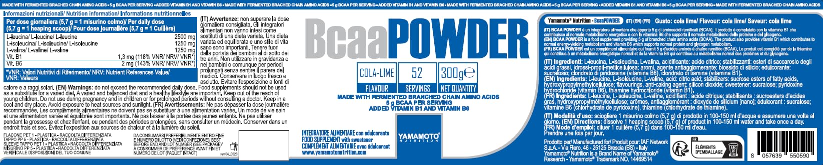 YAMAMOTO Aminoacidi e BCAAs BCAA Powder 2:1:1 integratore 300 g Cola-Lime vegetale