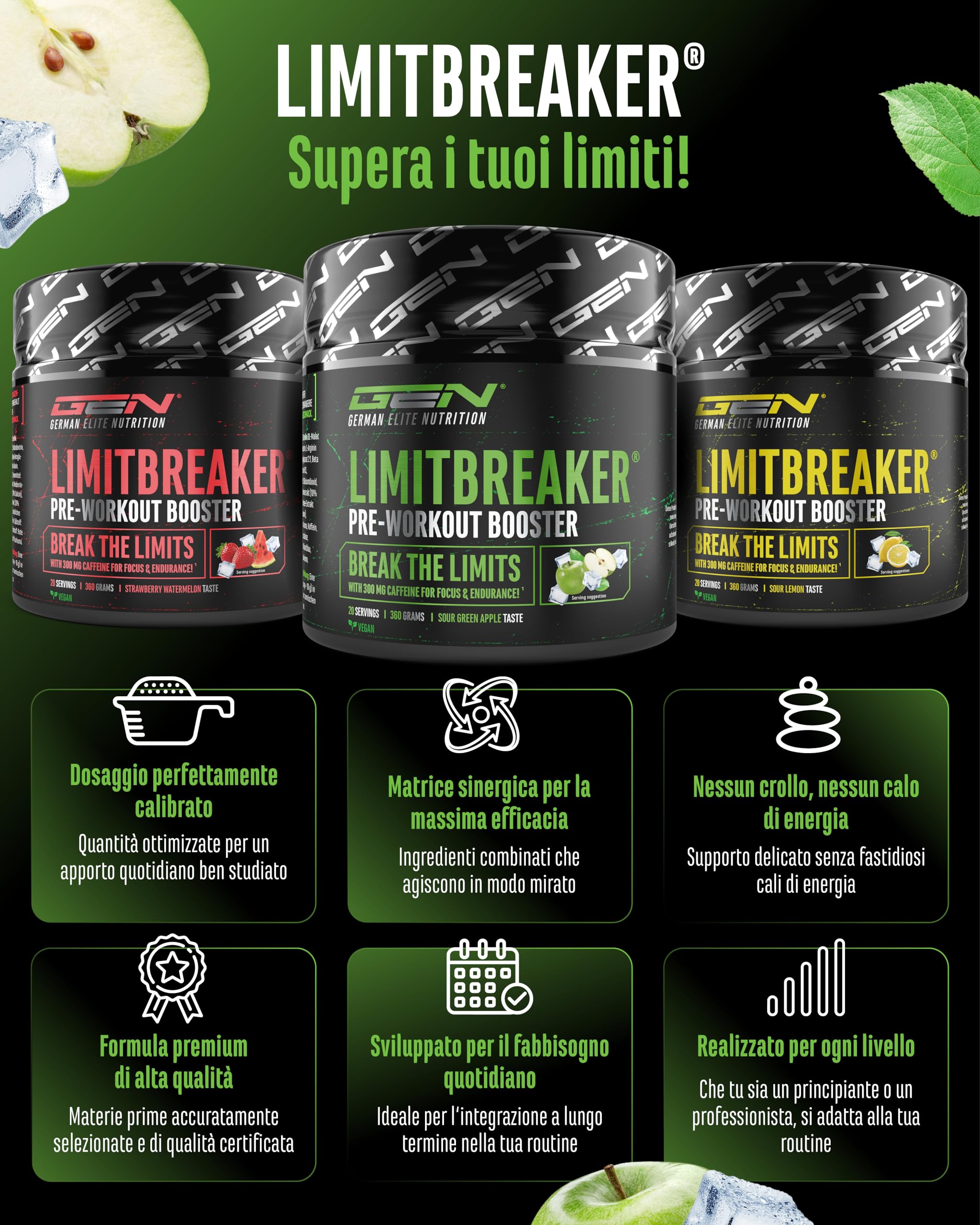Elite Pre-Workout & Pump LIMITBREAKER® pre-workout mela verde acida 360 g caffeina