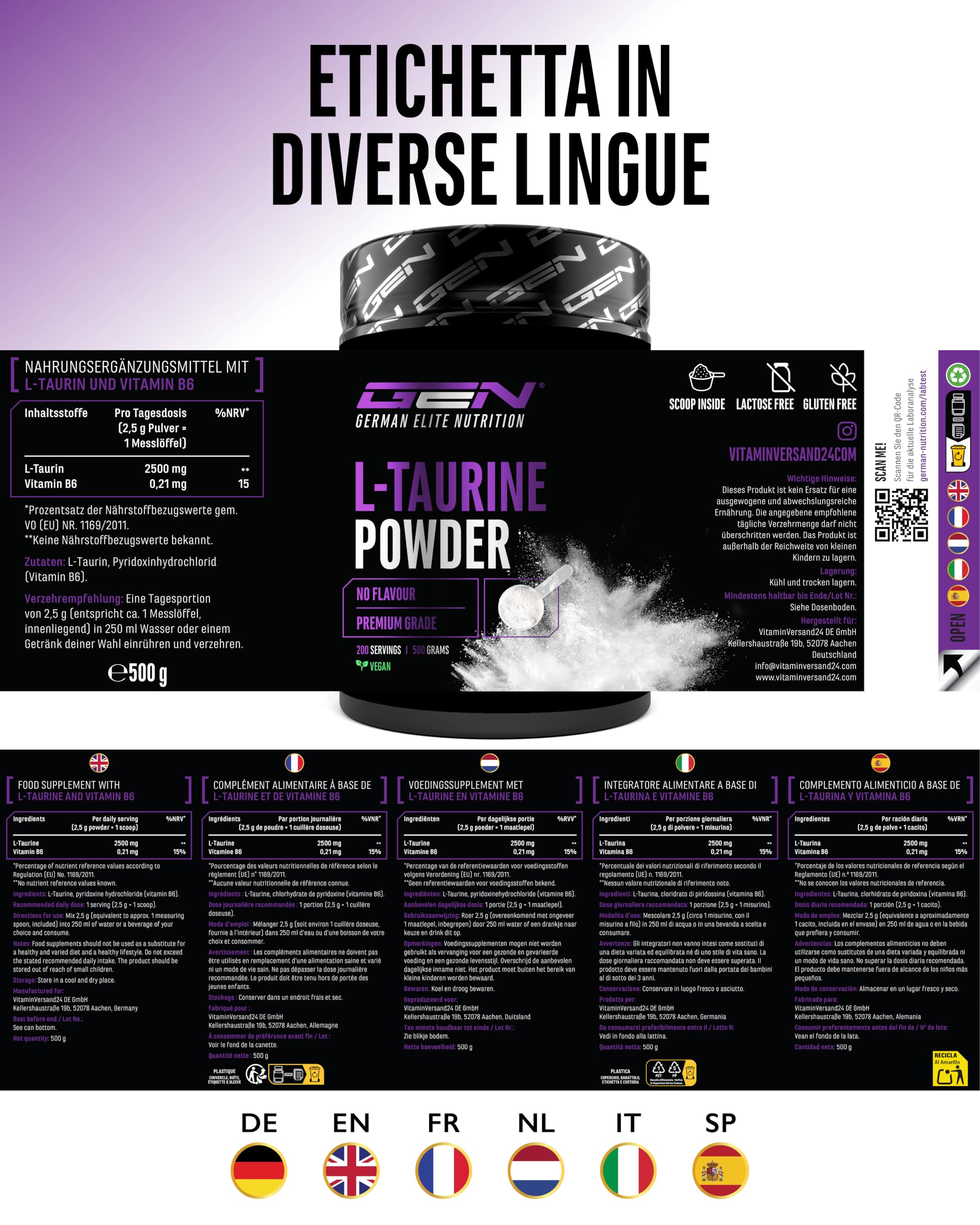 Elite Amino Singles Taurina integratore in polvere 500 g 200 porzioni