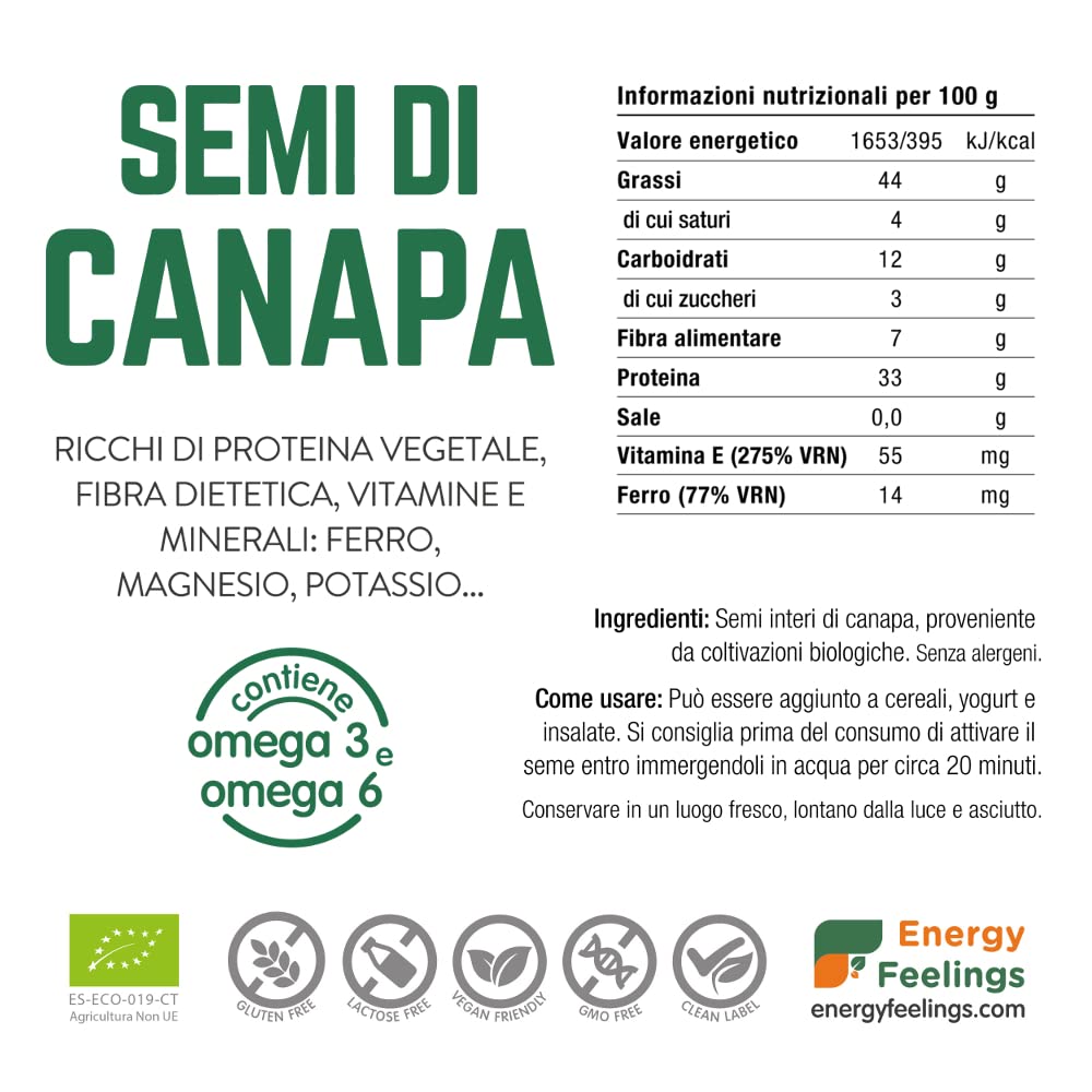 Energy Feelings Dietética & Suplementos Semi di Canapa Interi BIO Certificati 1 kg, 30% proteine