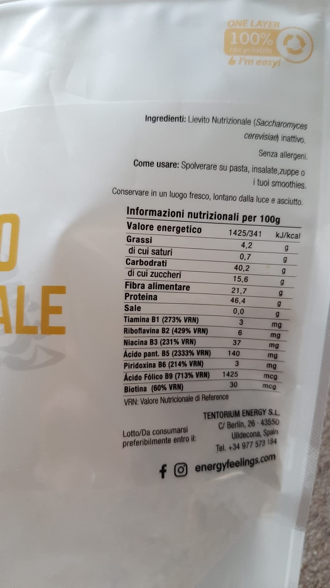 Energy Feelings Levadura Nutricional Lievito Nutrizionale in Scaglie 250 g vegano