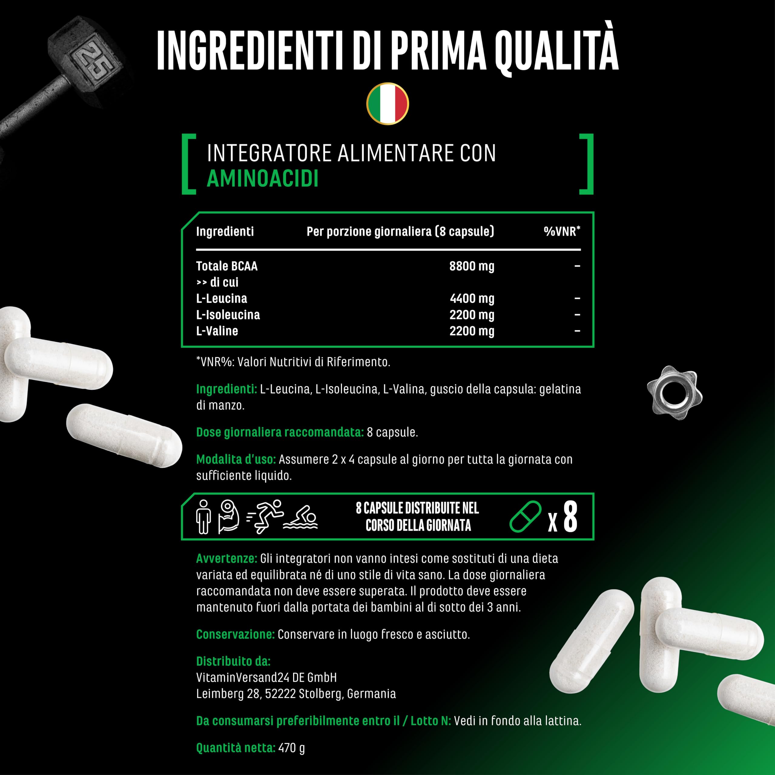 Elite EAA & BCAA BCAA Ultra Caps capsule 365 da 1100 mg rapporto 2:1:1