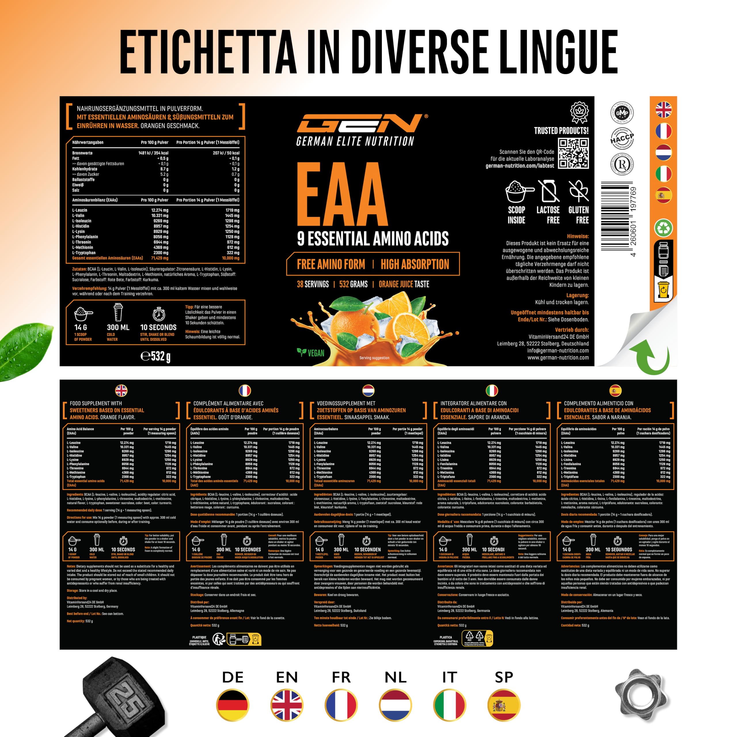 Elite EAA & BCAA EAA Formula Human Code polvere 532 g succo d’arancia vegana