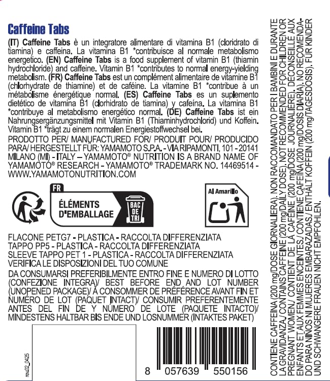YAMAMOTO Pre-Workout Caffeine TABS compresse 100 pezzi con vitamina B1