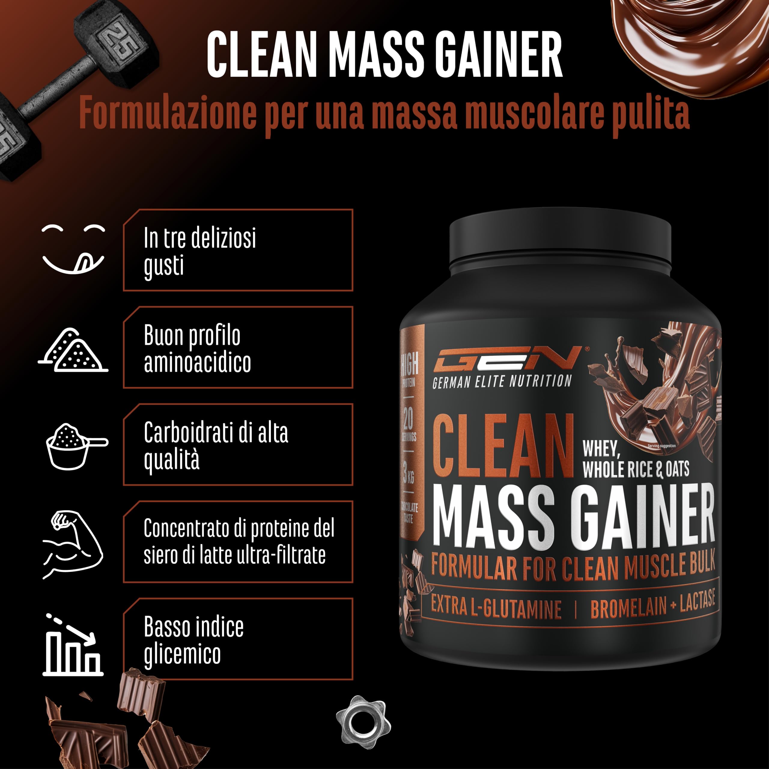 Elite Carbs & Mass Gainers Clean Weight Gainer polvere 3 kg cioccolato con carboidrati complessi