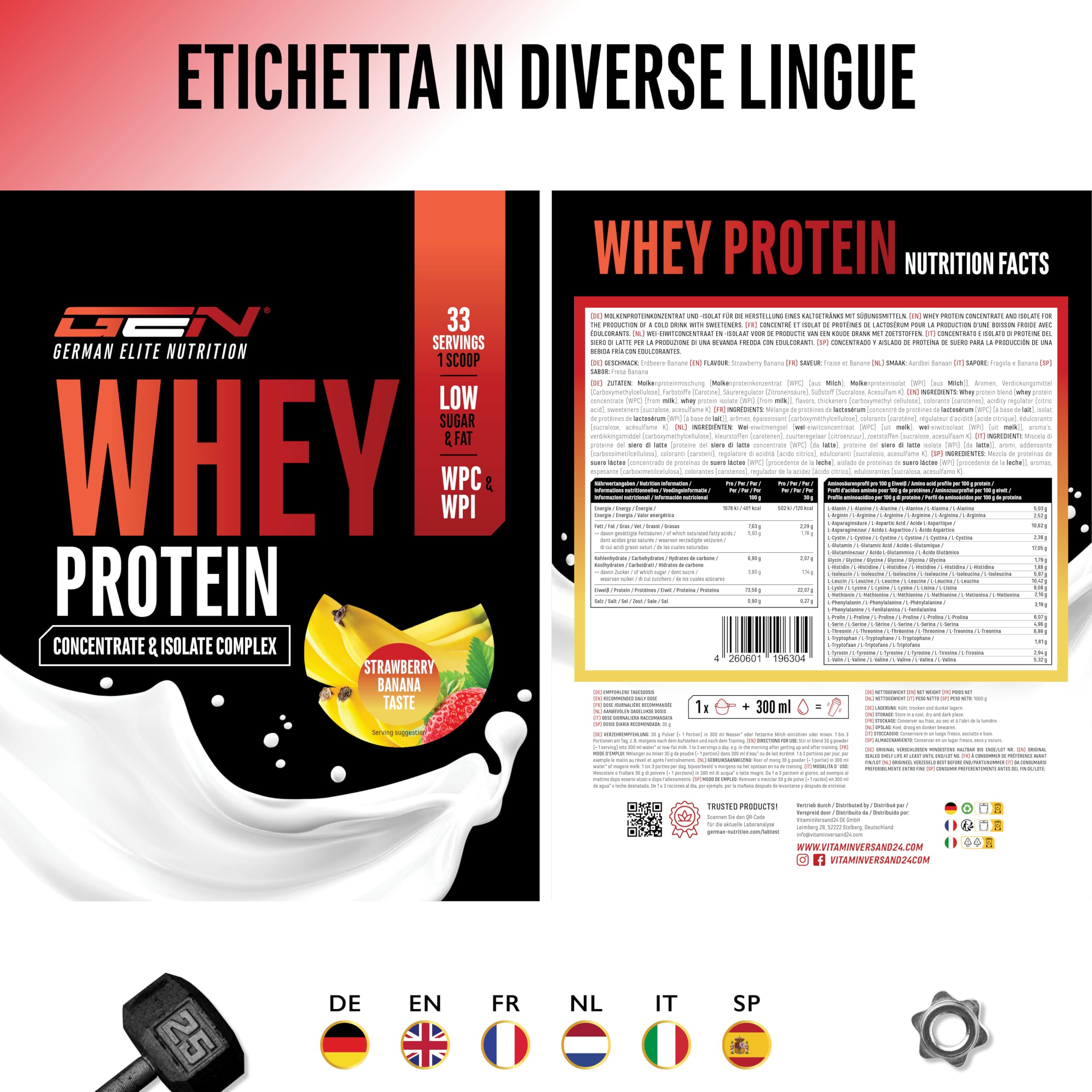 Elite Whey Protein Whey Proteine Complesso proteine in polvere 1000 g fragola e banana con isolato