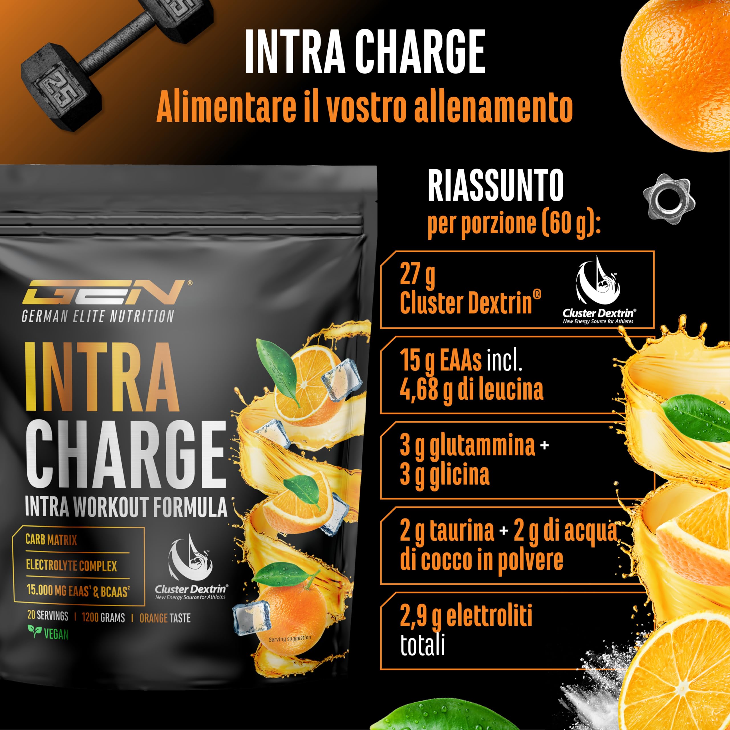 Elite Pre-Workout & Pump Intra Charge Workout Drink bevanda 1,2 kg arancia vegana