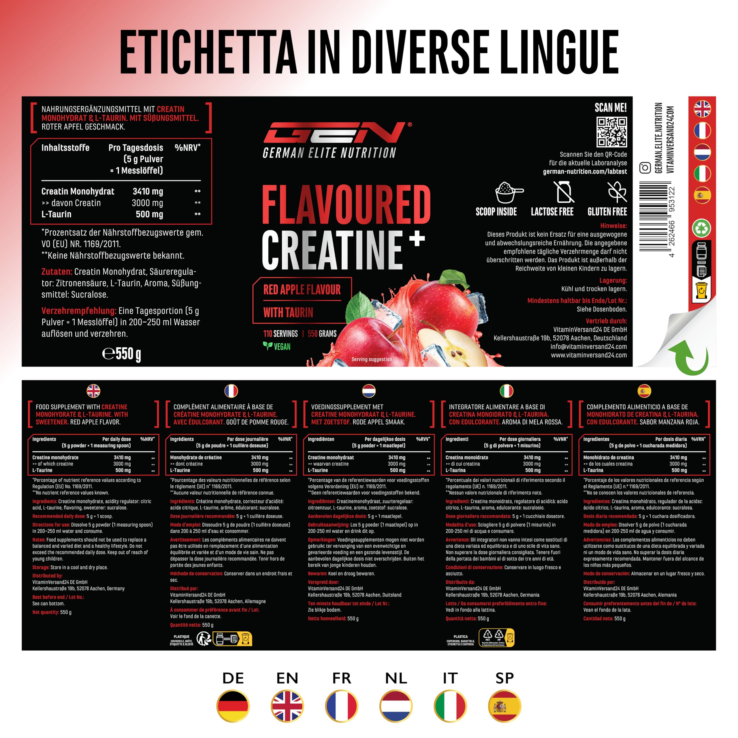 Elite Creatine Flavoured Creatine in polvere 550 g Red Apple con taurina