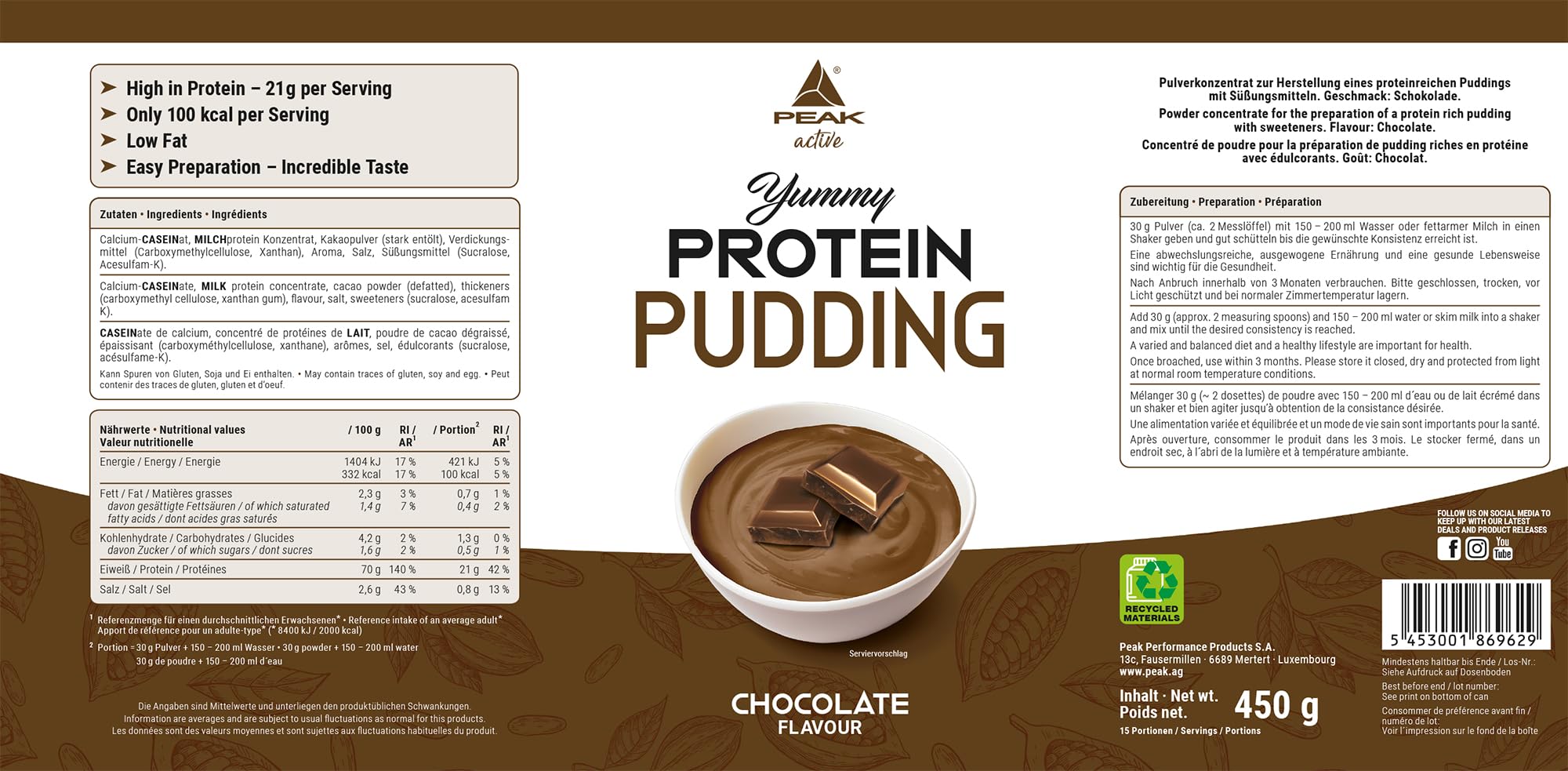 Green Peak Proteins Yummy Protein Pudding budino proteico cioccolato 450 g