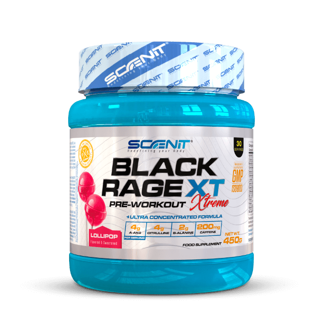 Scenit Nutrition Potenziatori sportivi Black Rage Xtreme pre workout 450 g piruleta 200 mg caffeina