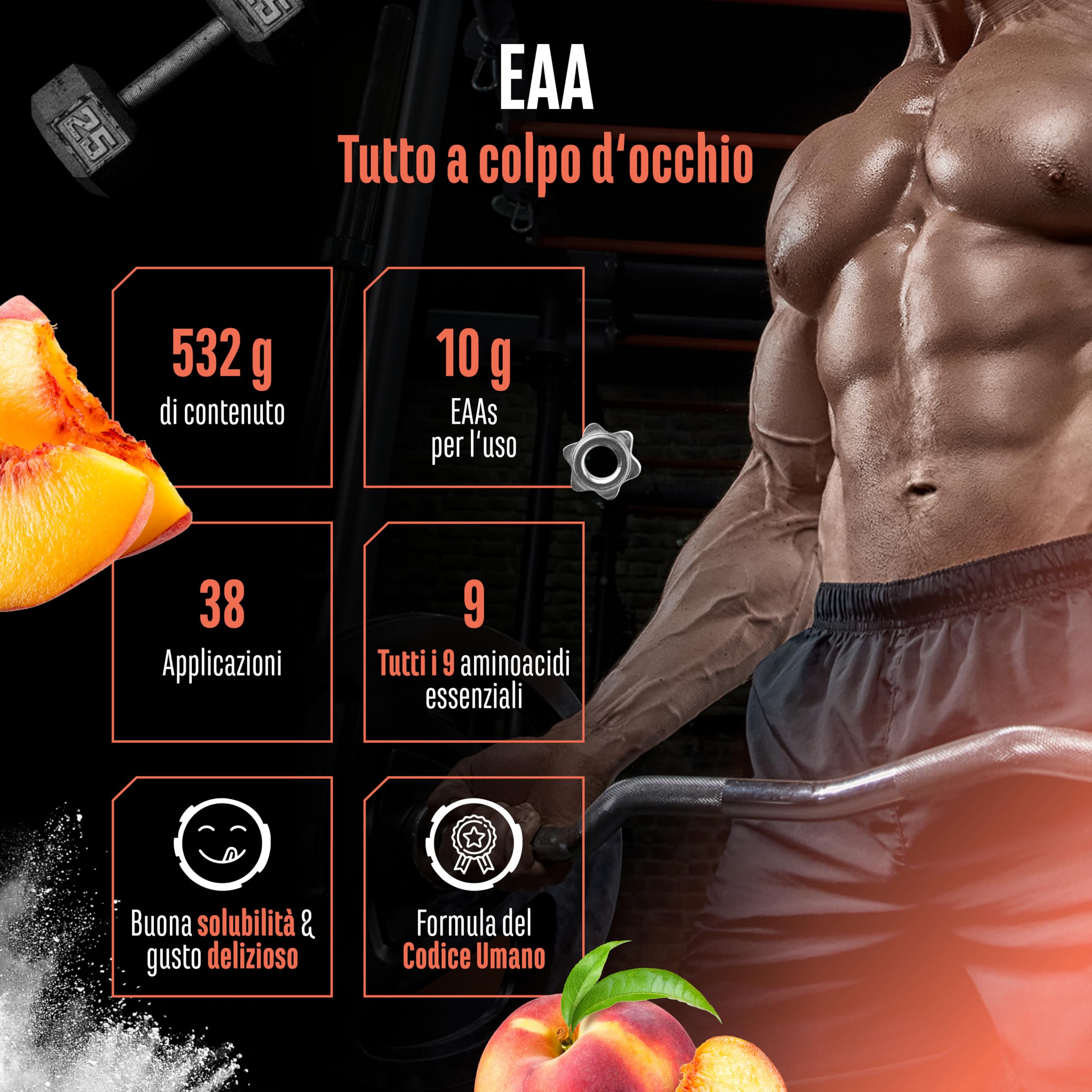Elite EAA & BCAA EAA in polvere 532 g tè freddo alla pesca, 9 aminoacidi essenziali