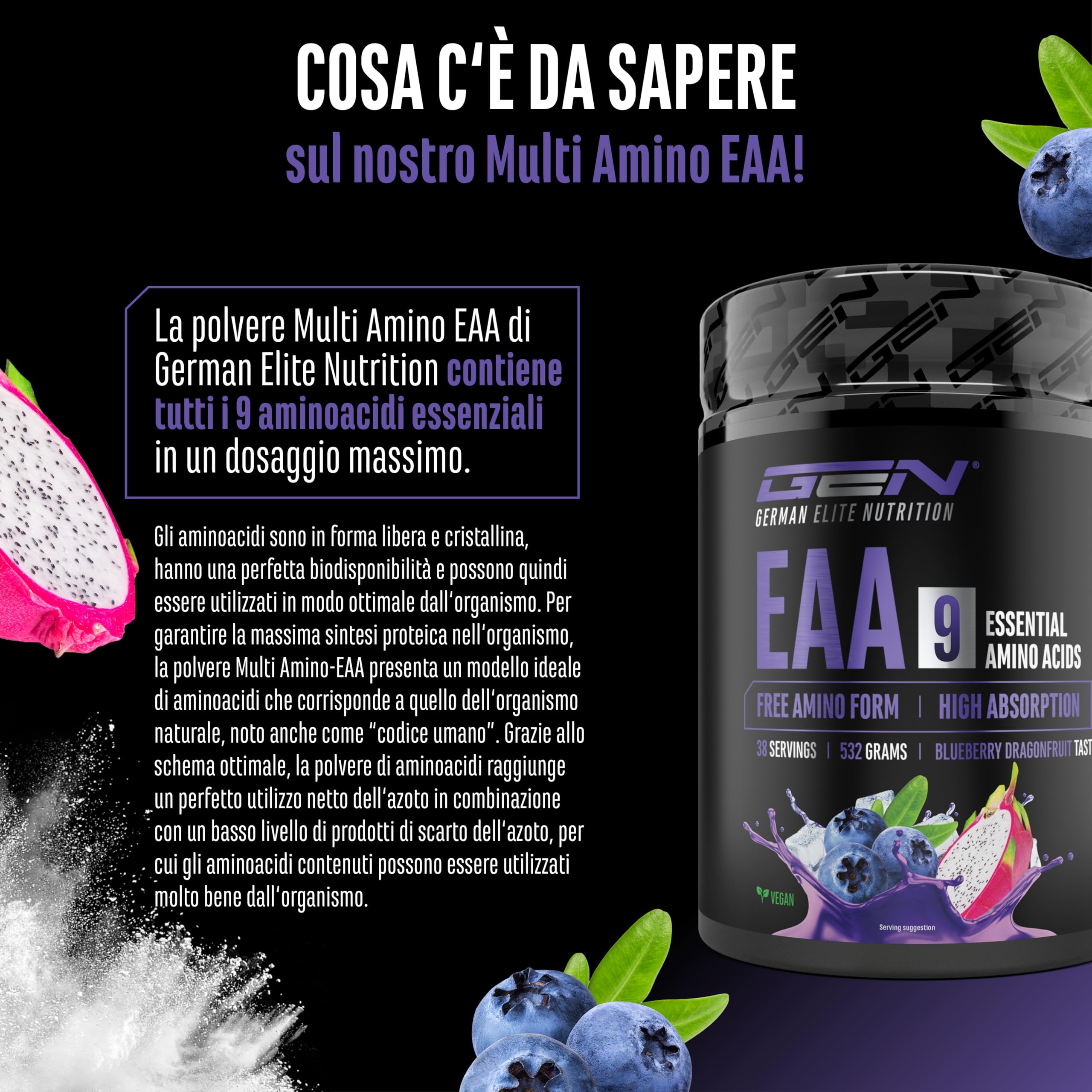 Elite EAA & BCAA EAA in Polvere aminoacidi essenziali vegani 532 g Blueberry Dragonfruit