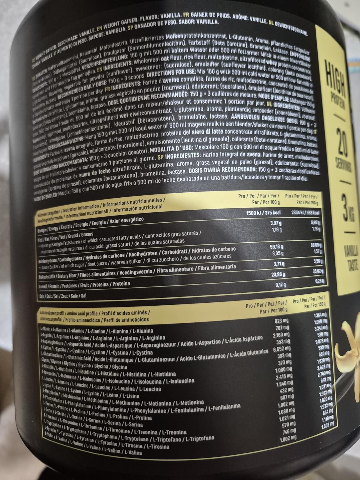 Elite Carbs & Mass Gainers Clean Weight Gainer gainer Vaniglia 3 kg 36 g proteine