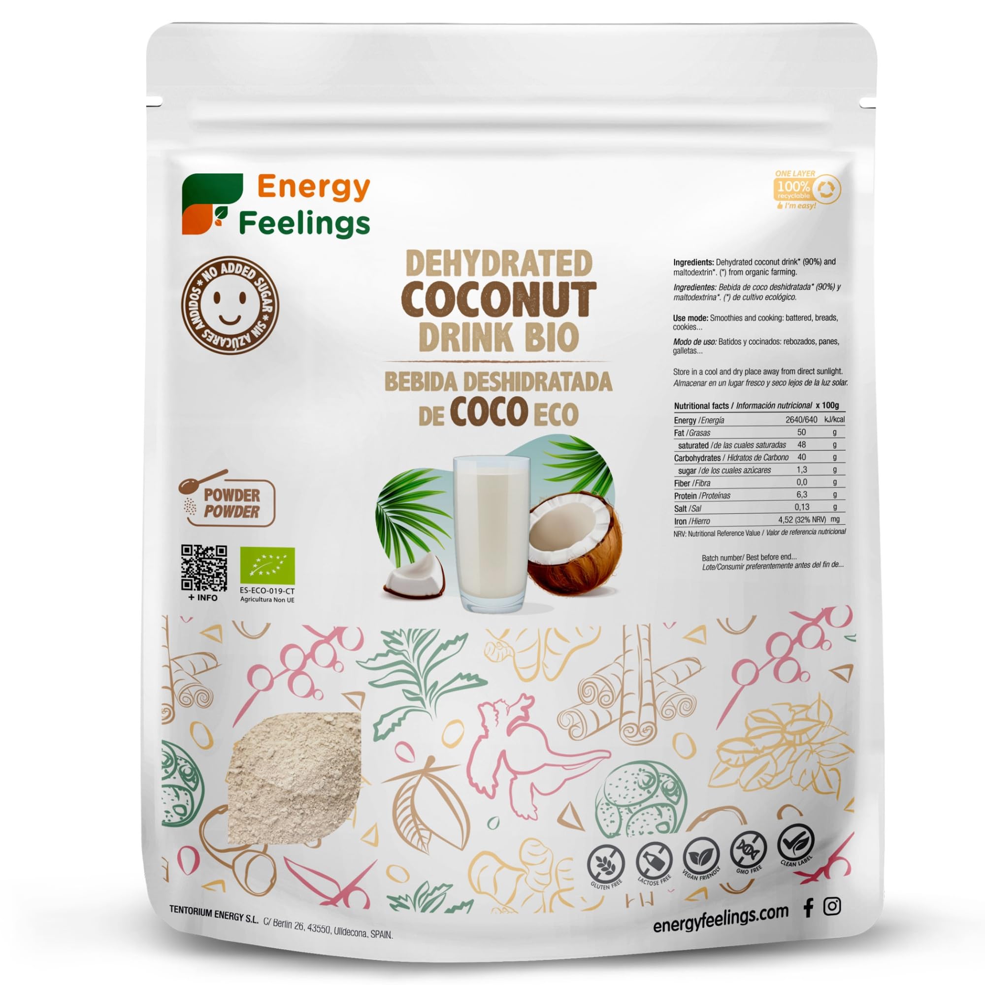 Energy Feelings Dietética & Suplementos Latte di Cocco in Polvere Bio 1 kg senza lattosio