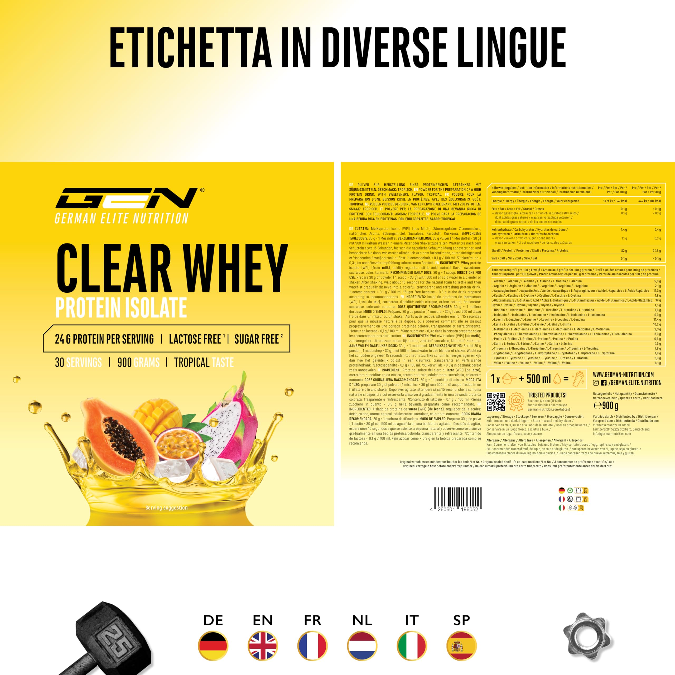 Elite Clear Whey Isolate Protein Shake proteine Tropical 900 g senza lattosio