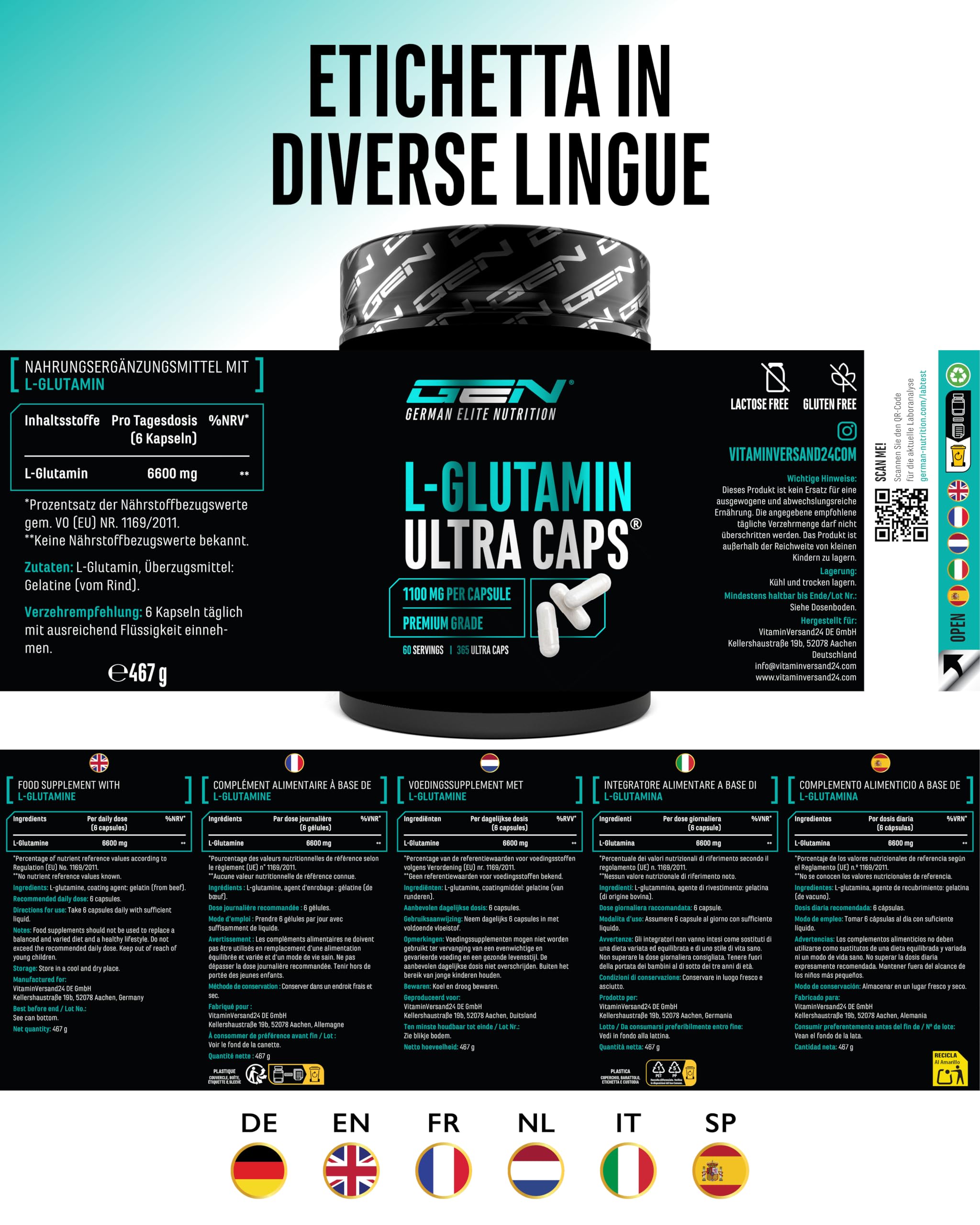 Elite Amino Singles L-Glutammina Ultra Caps 365 capsule da 1100 mg