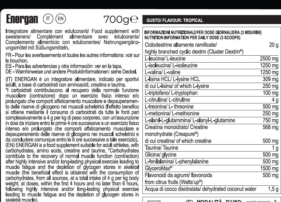 YAMAMOTO Intra-Workout e Post-Workout Energan bevanda 700 g con HBCD