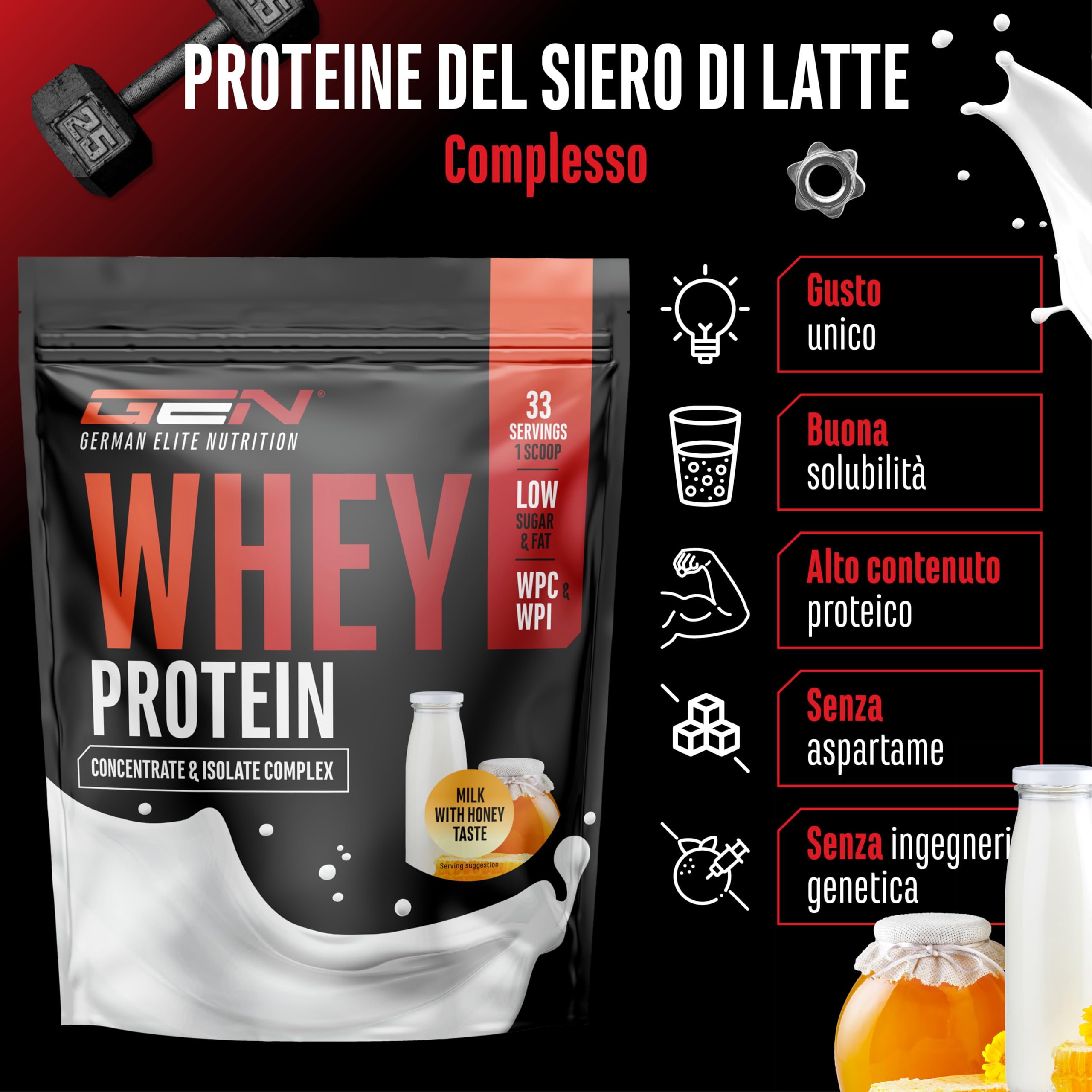 Elite Whey Protein Whey Proteine Complesso 1000 g latte con miele con isolato