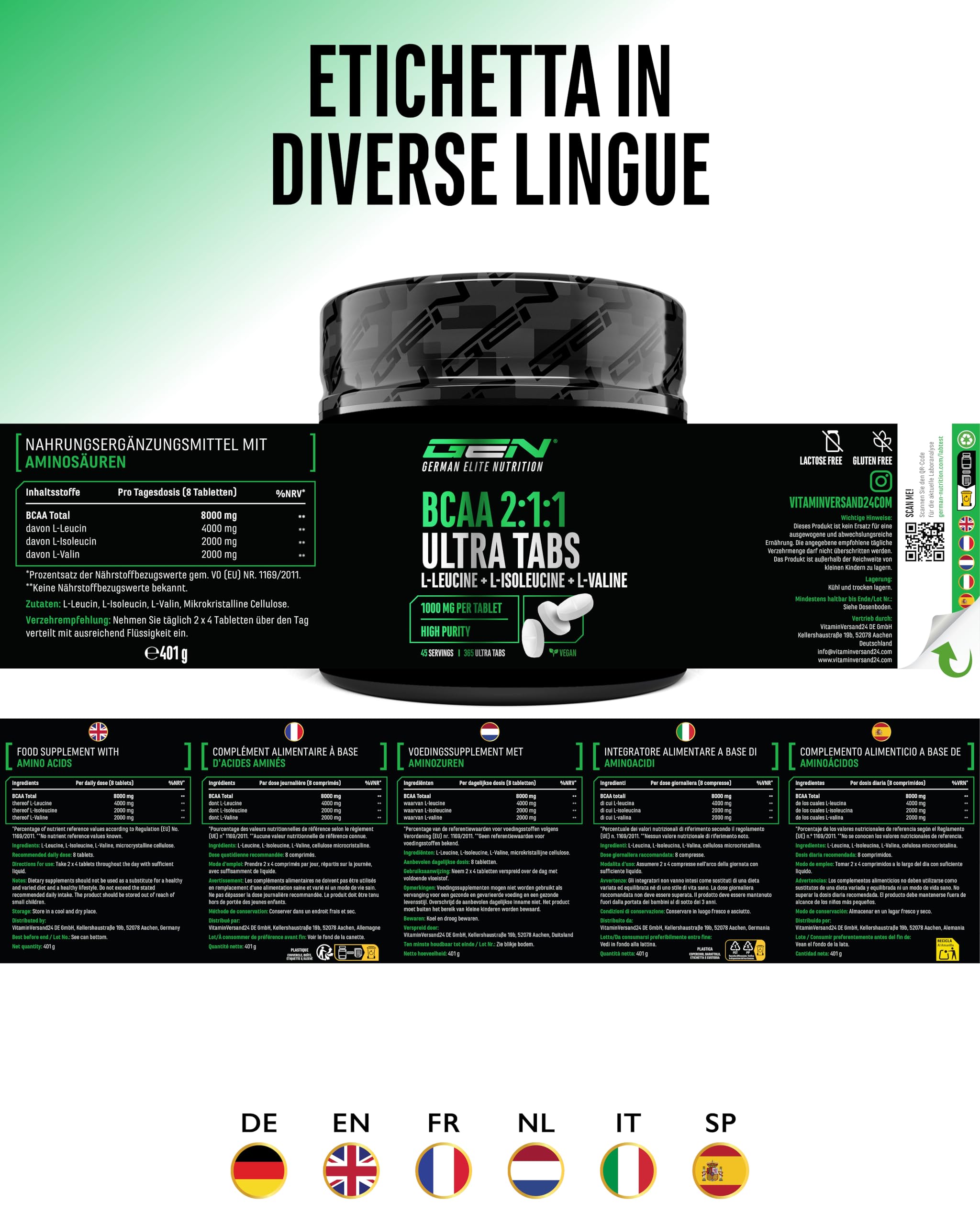 Elite EAA & BCAA BCAA Ultra Tabs compresse vegane 365, rapporto 2:1:1