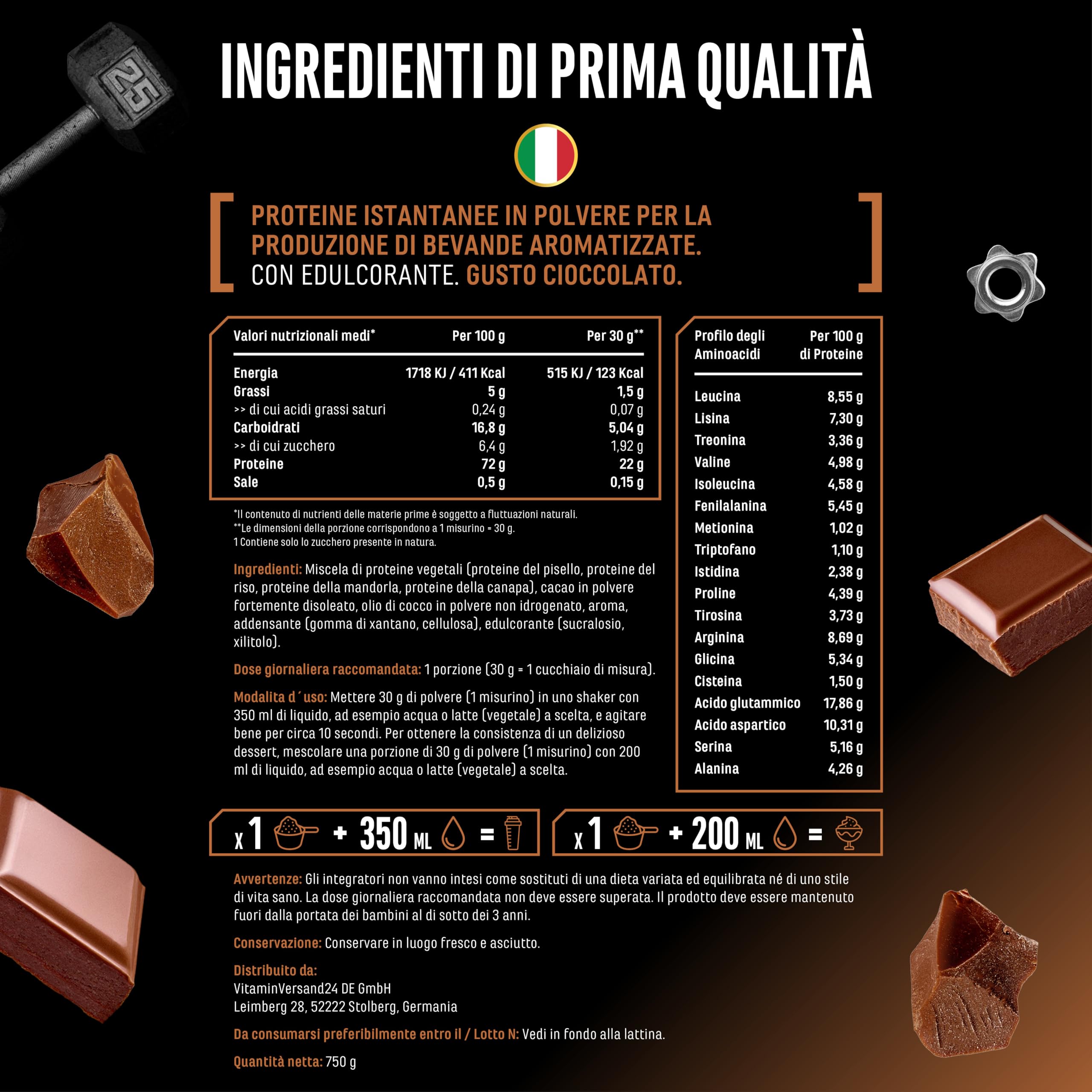 Elite Plant Protein Vegan Proteine in Polvere Cioccolato 750 g senza soia