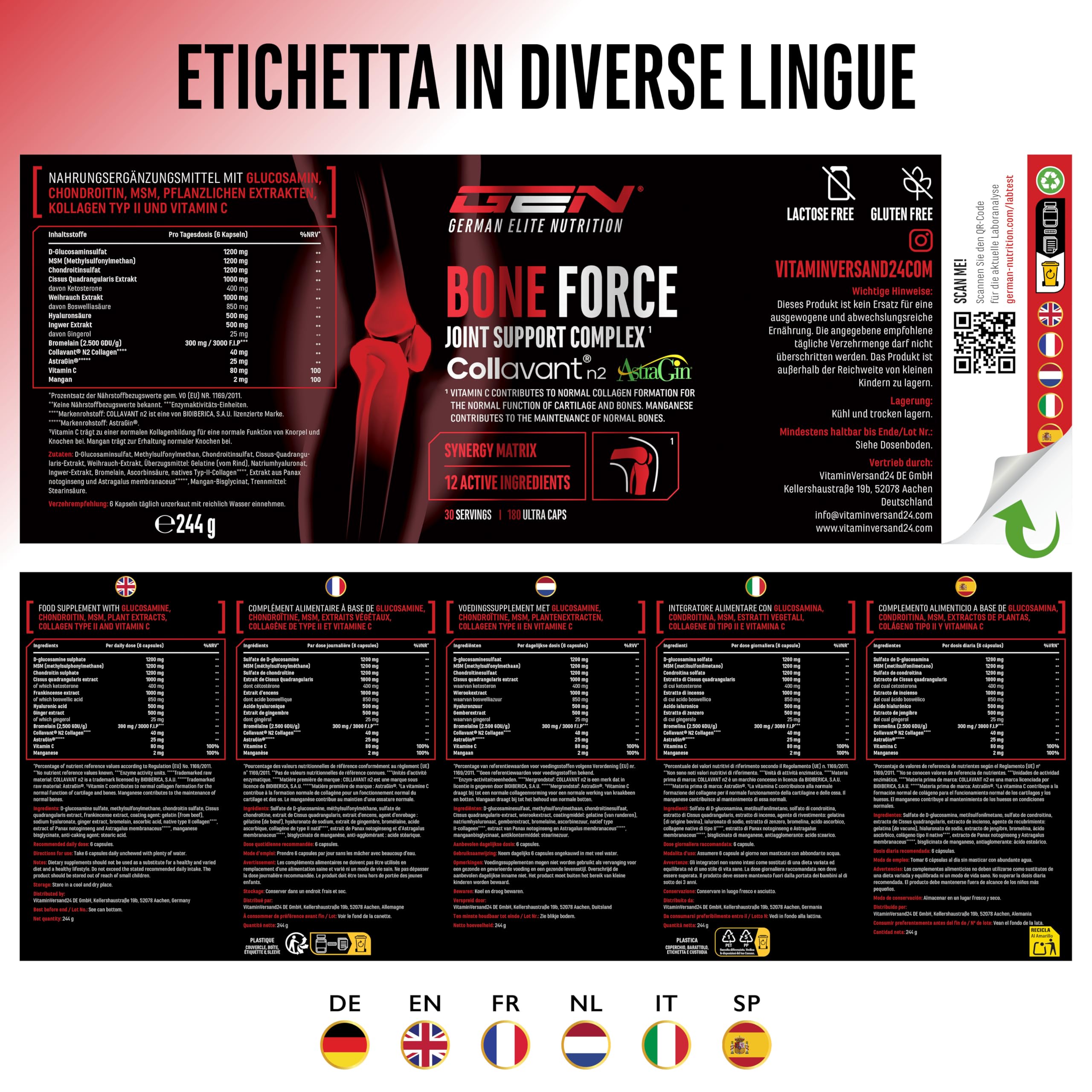 Elite Organ, Joint & Health Support Bone Force complesso articolare 180 capsule senza glutine