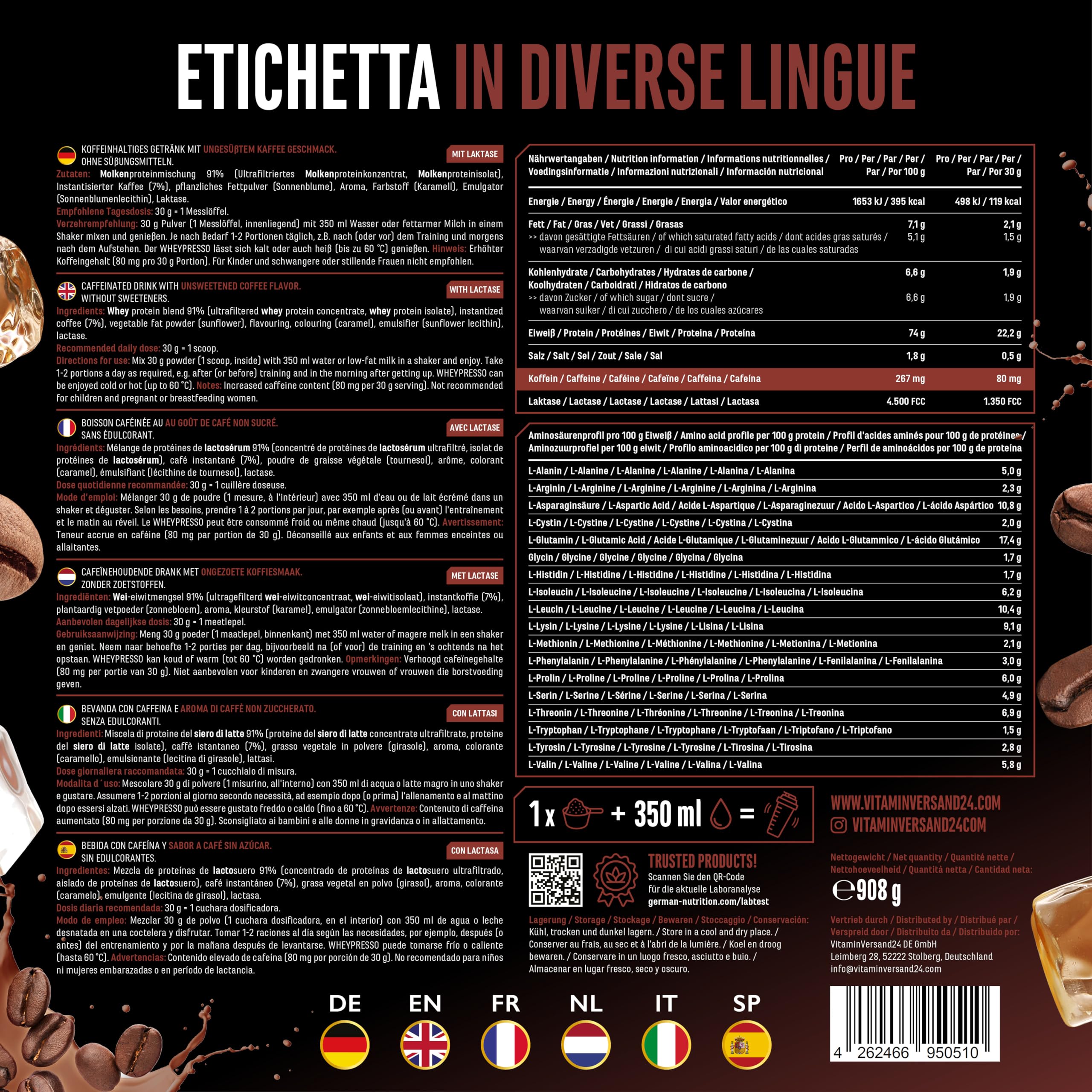 Elite Whey Protein Wheypresso Protein Coffee 908 g caffè intenso caffeina