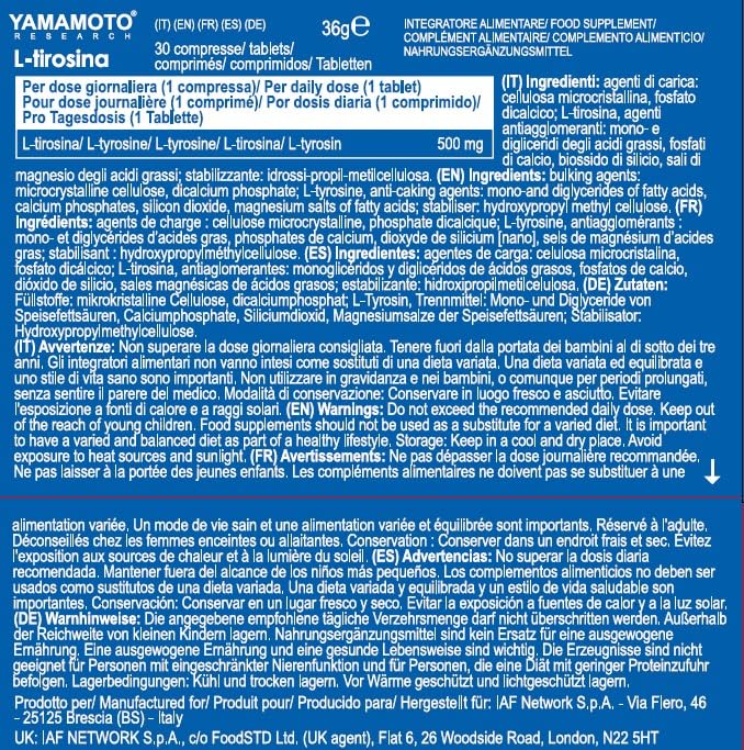 YAMAMOTO Sonno, Benessere Mentale e Memoria L-tirosina integratore 30 compresse 500 mg