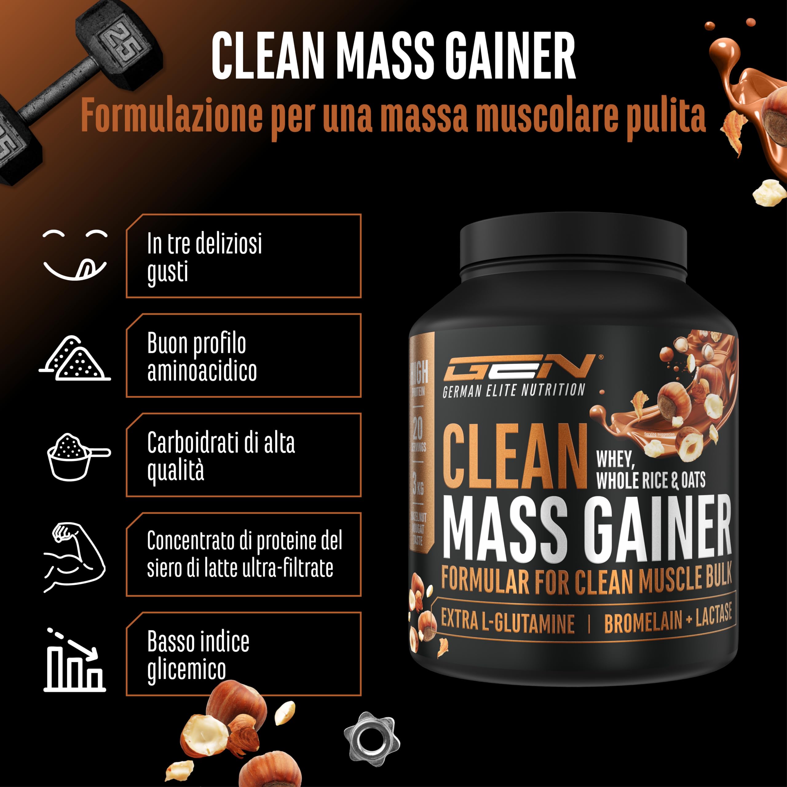 Elite Carbs & Mass Gainers Clean Weight Gainer gainer Torrone alla Nocciola 3 kg 36 g proteine