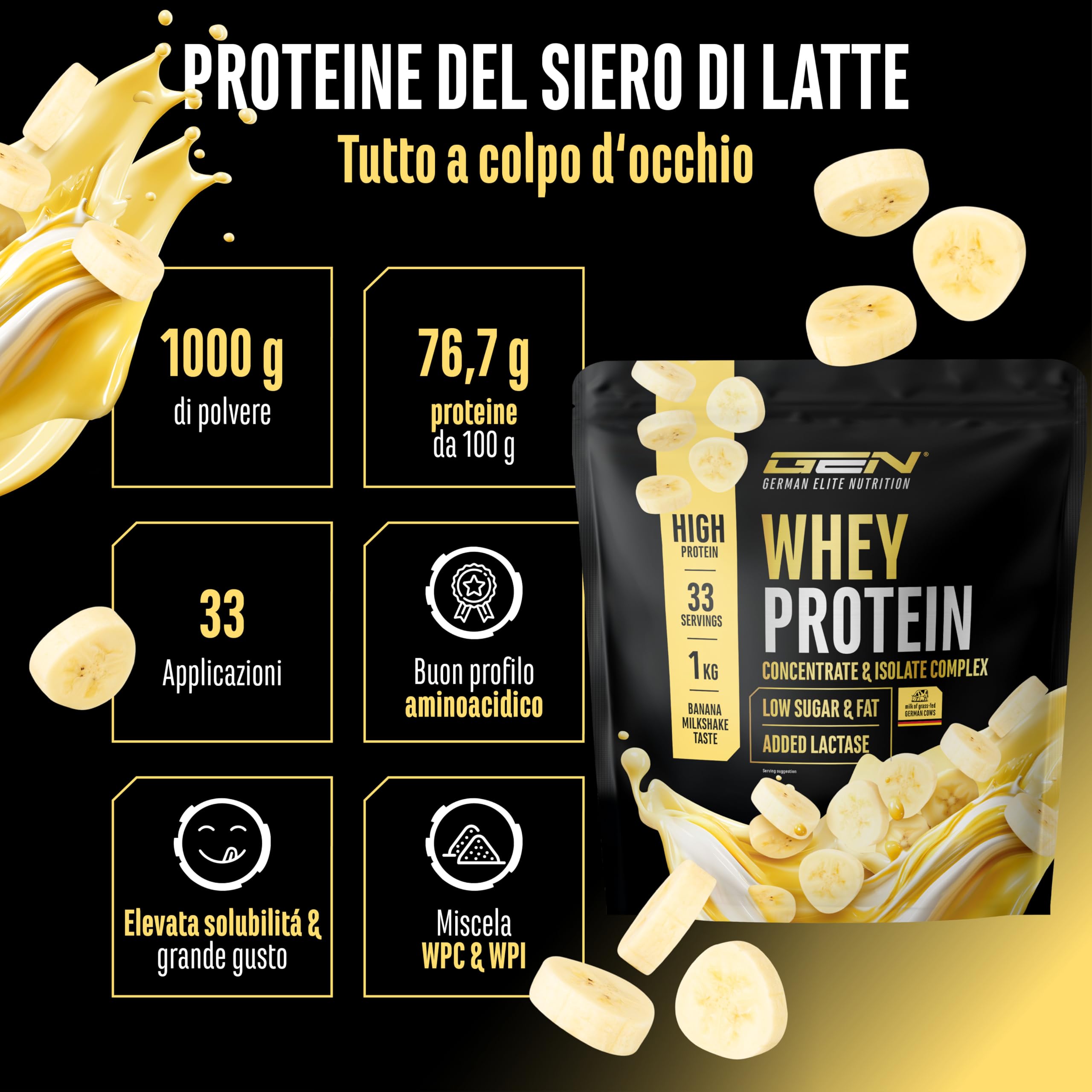 Elite Whey Protein in Polvere proteine gusto Frullato alla Banana 1000 g con lattasi