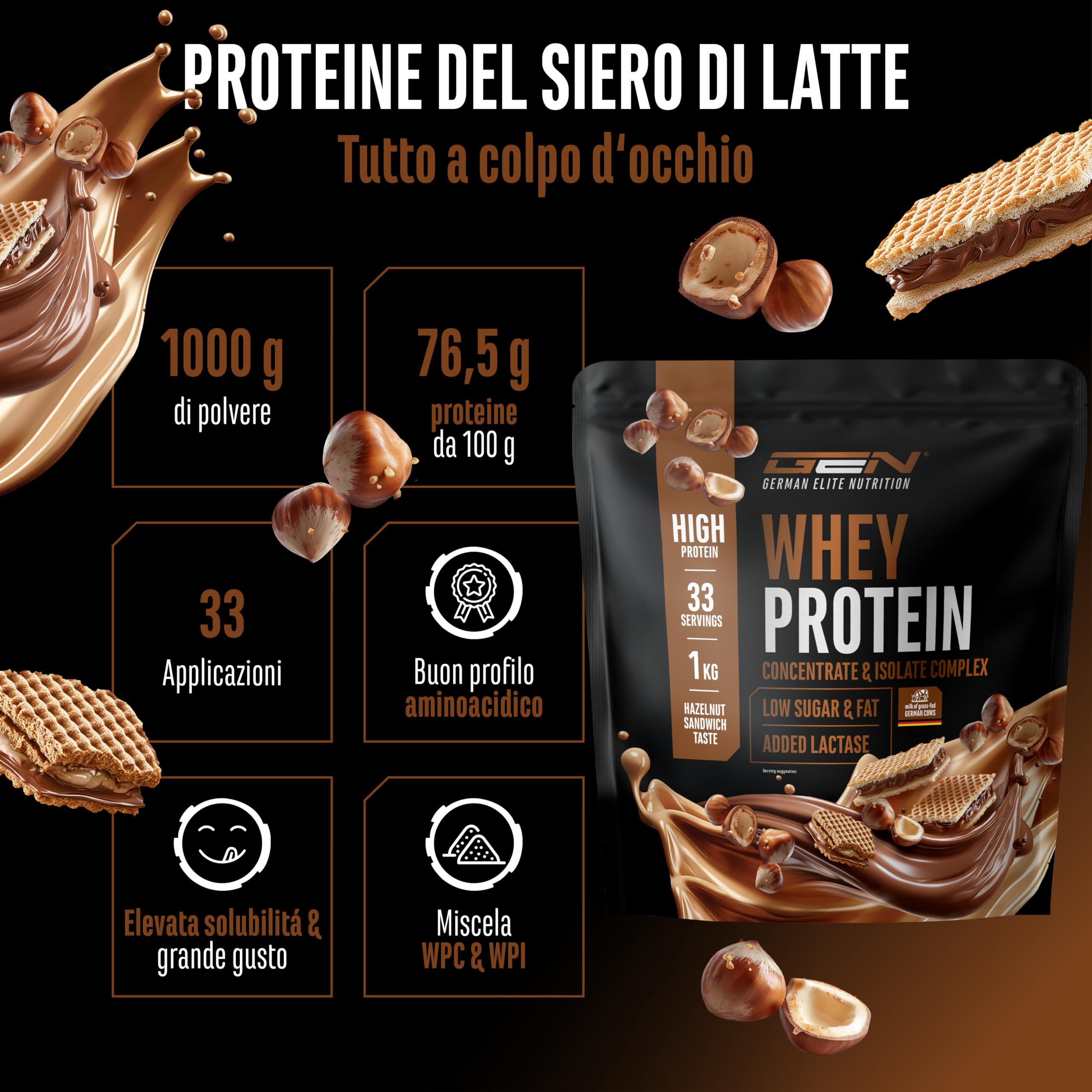 Elite Whey Protein Whey Protein in Polvere Panino alla Nocciola 1000 g con isolato