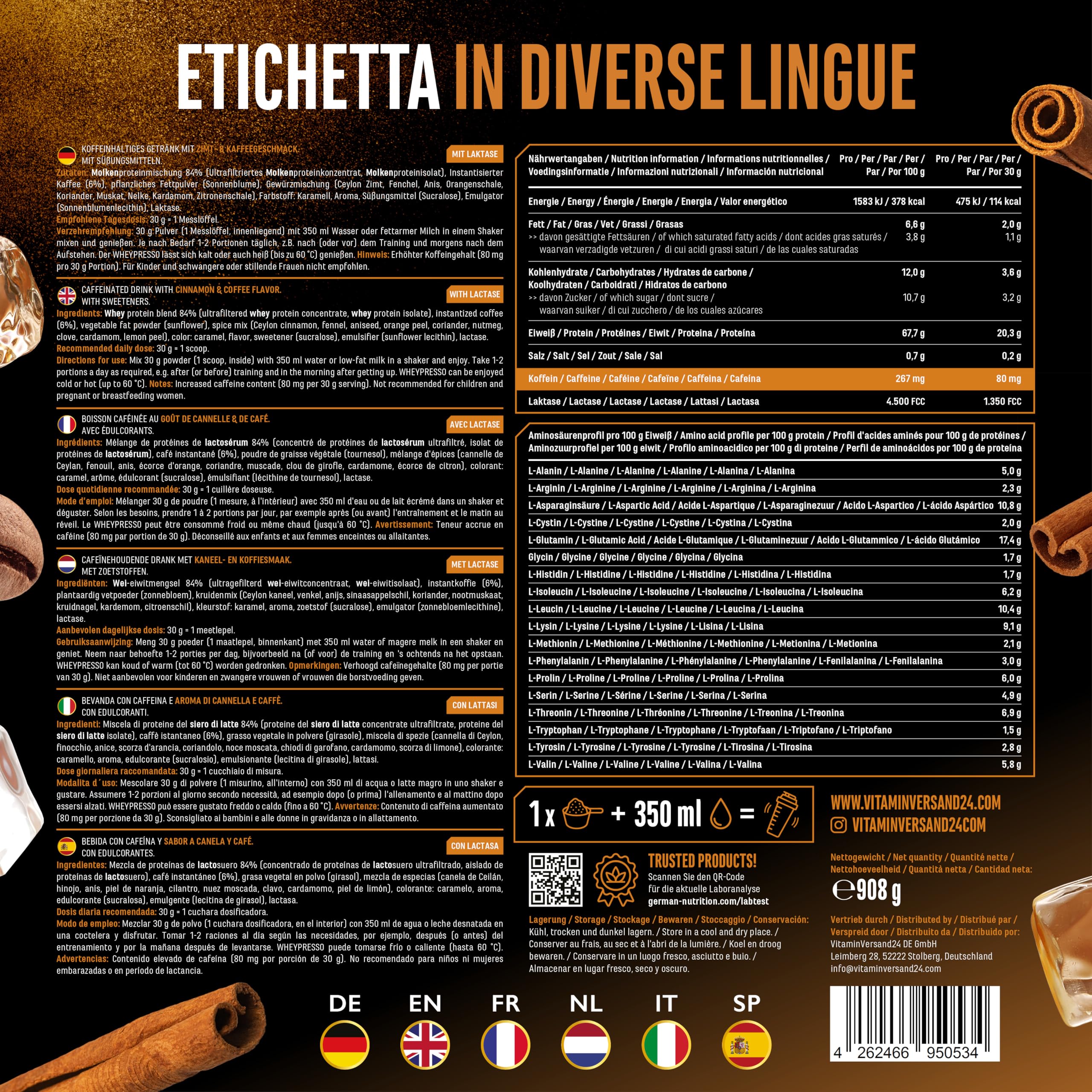 Elite Whey Protein Wheypresso Protein Coffee proteine whey 908 g Cinnamon Latte Coffee con caffeina