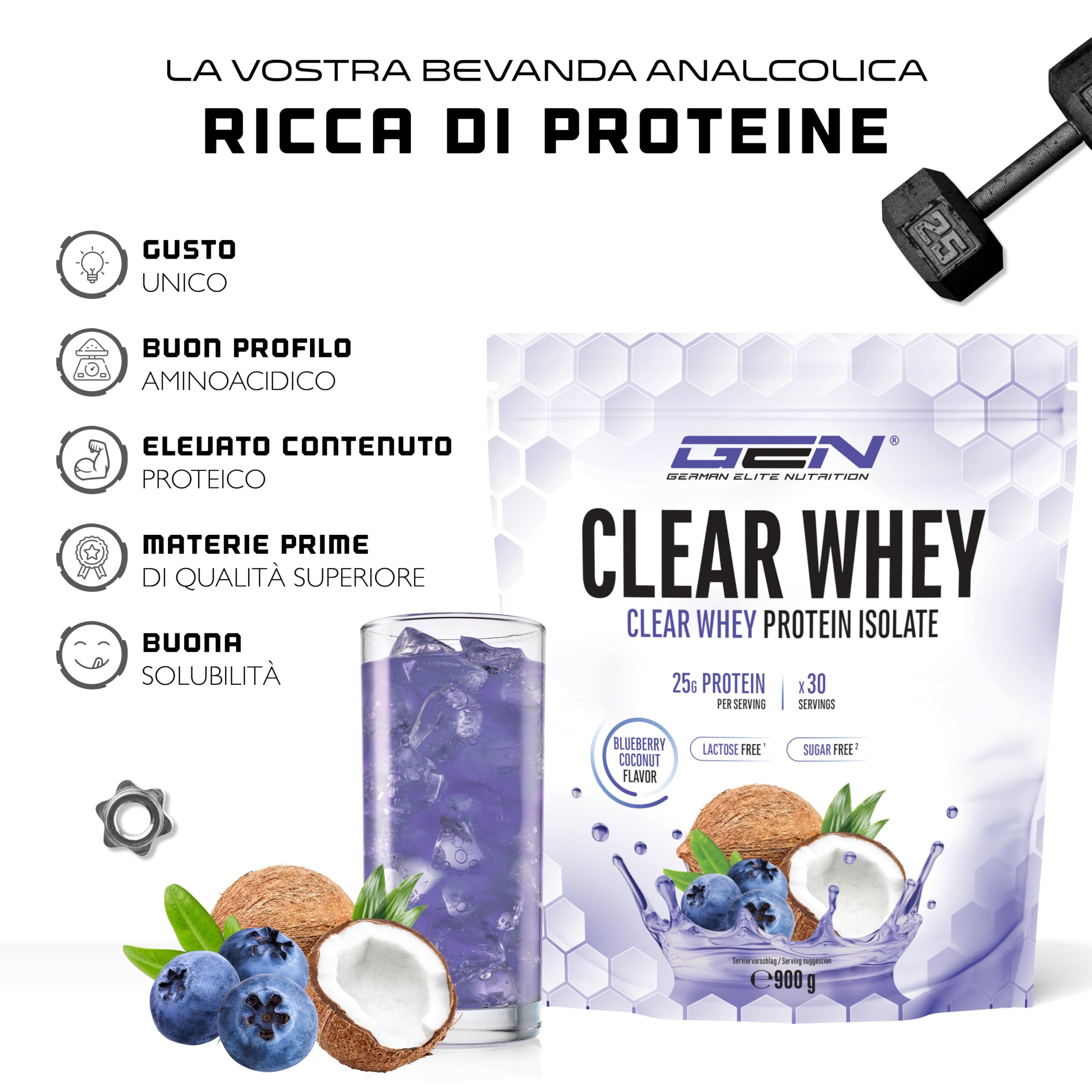 Elite Clear Whey Isolate Protein Shake clear whey 900 g mirtillo e cocco 24 g proteine