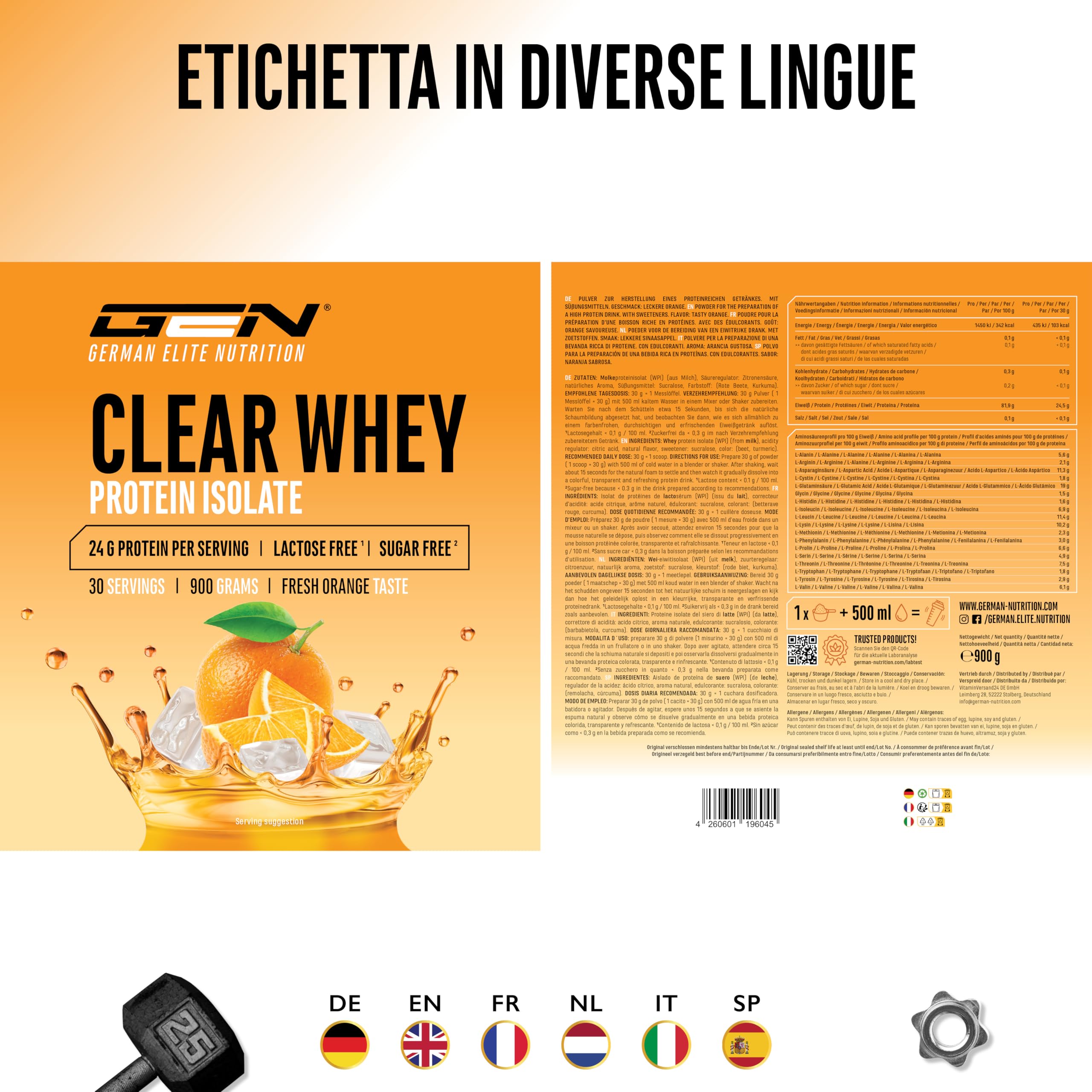 Elite Clear Whey Isolate Protein Shake 900 g Arancia Fresca 24 g proteine