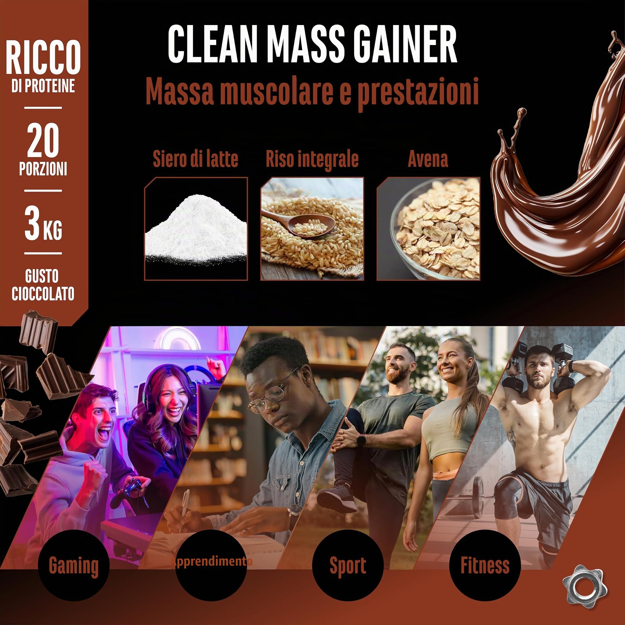 Elite Carbs & Mass Gainers Clean Weight Gainer polvere 3 kg cioccolato con carboidrati complessi