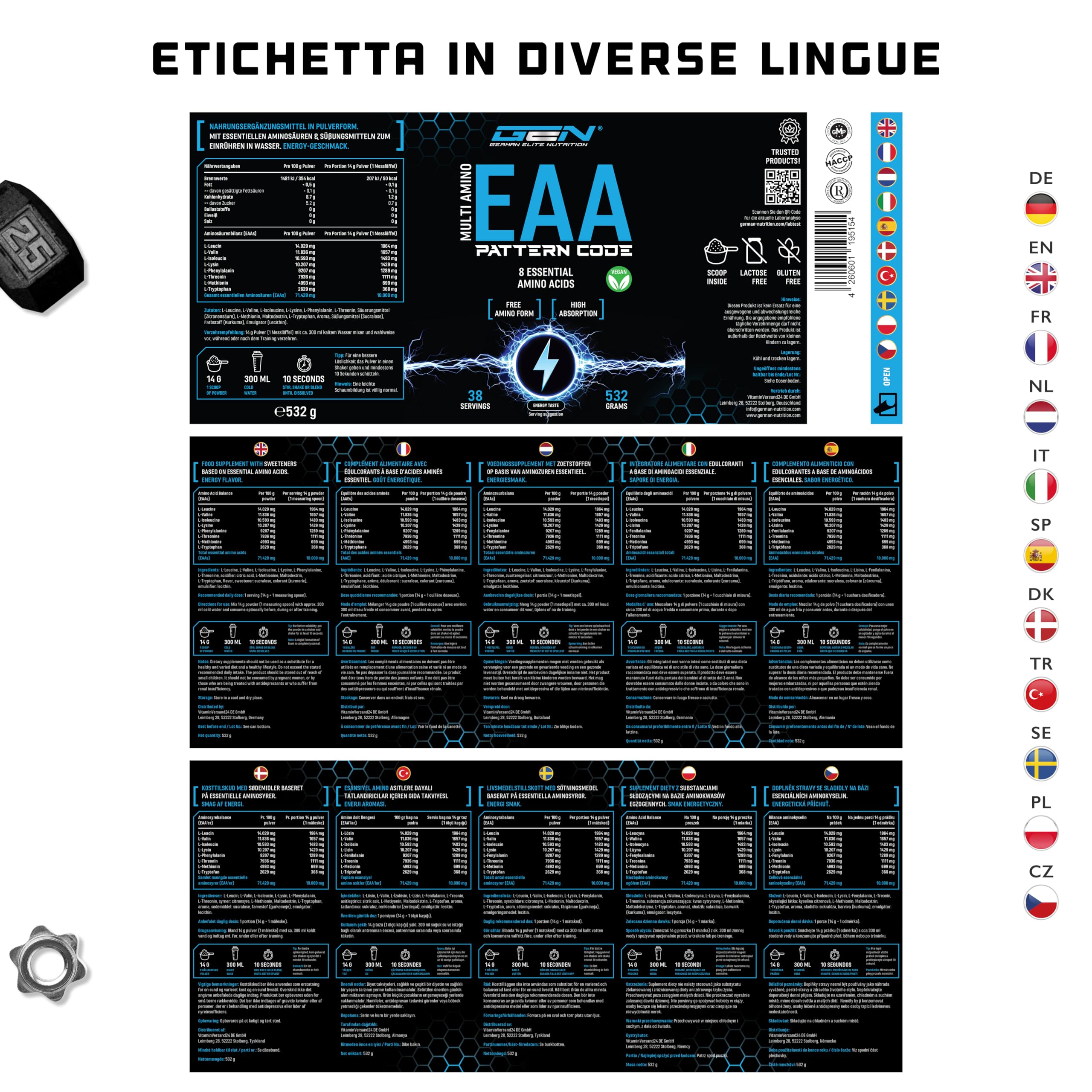 Elite EAA & BCAA Polvere EAA aminoacidi Energy 532 g vegano
