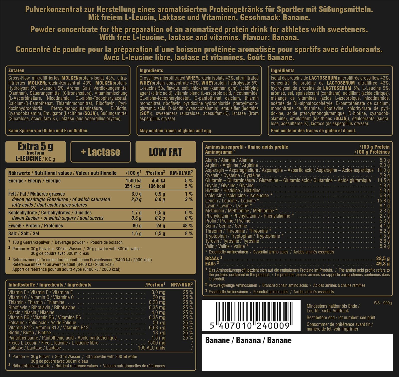 Green Peak Proteins PEAK Whey Selection proteine whey Banana 900 g, L-leucina