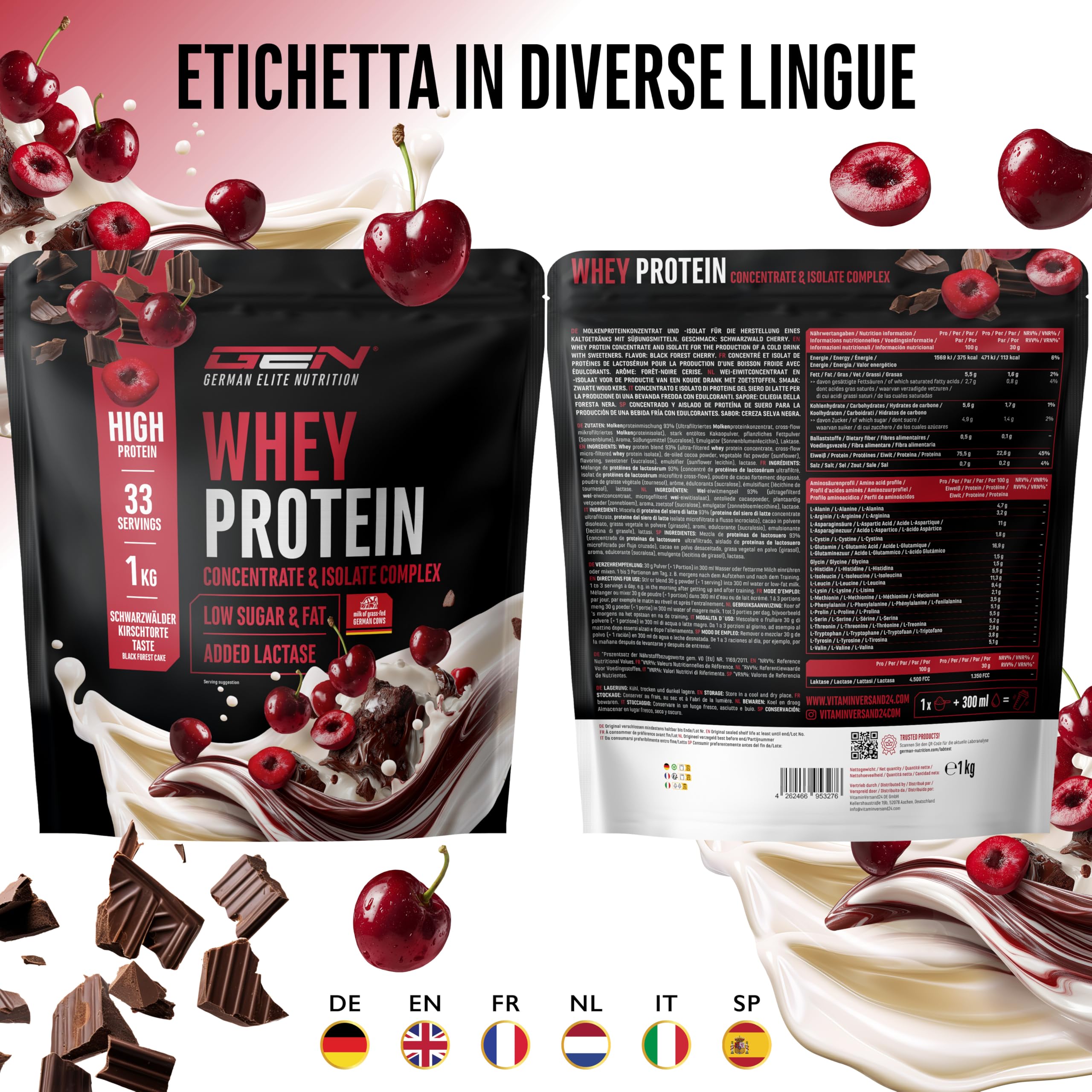 Elite Whey Protein in polvere 1000 g Ciliegia della Foresta Nera con lattasi