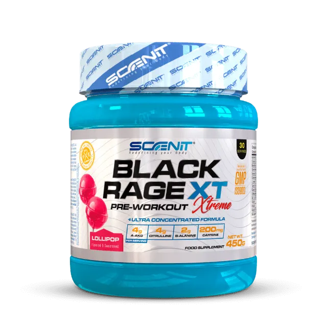Scenit Nutrition Potenziatori sportivi Black Rage Xtreme pre workout 450 g piruleta 200 mg caffeina
