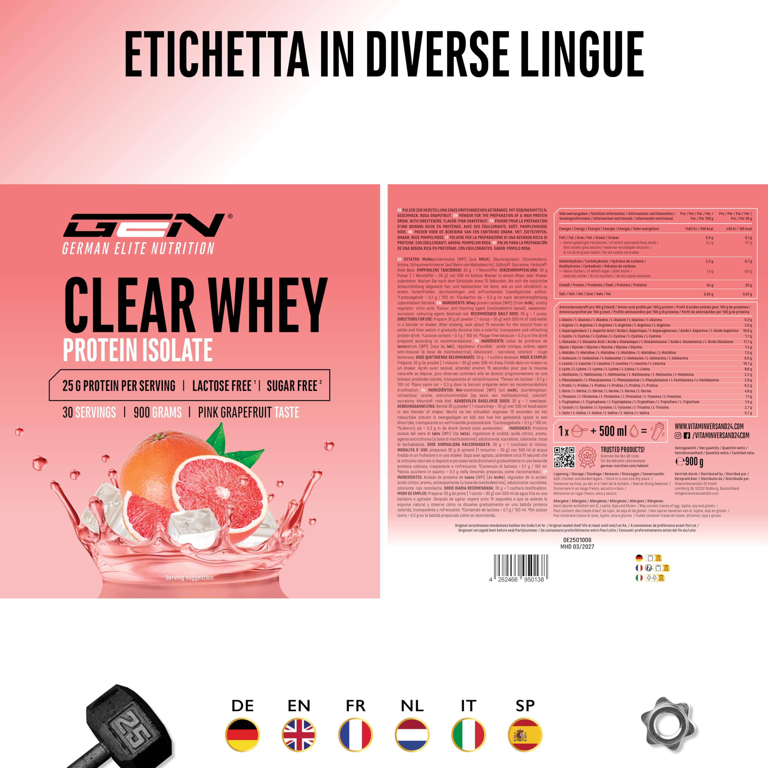 Elite Clear Whey Isolate Protein Shake 900 g pompelmo rosa
