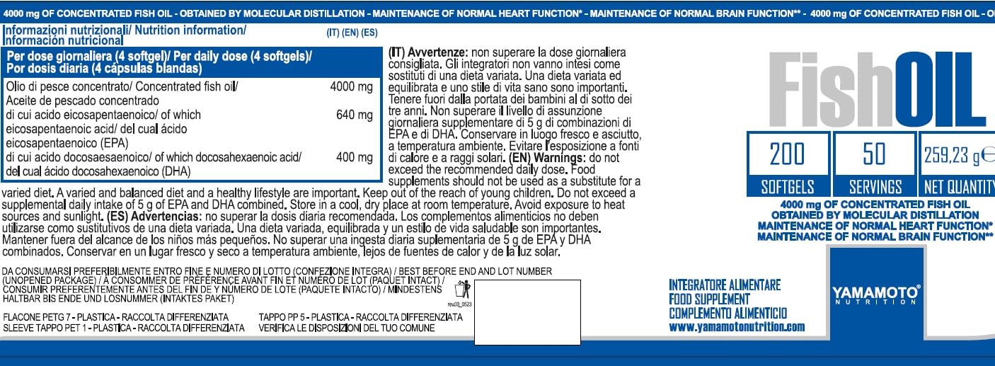 YAMAMOTO Omega-3 e Cuore e Circolazione Fish Oil Molecular Distillation integratore omega-3 200 softgel EPA DHA