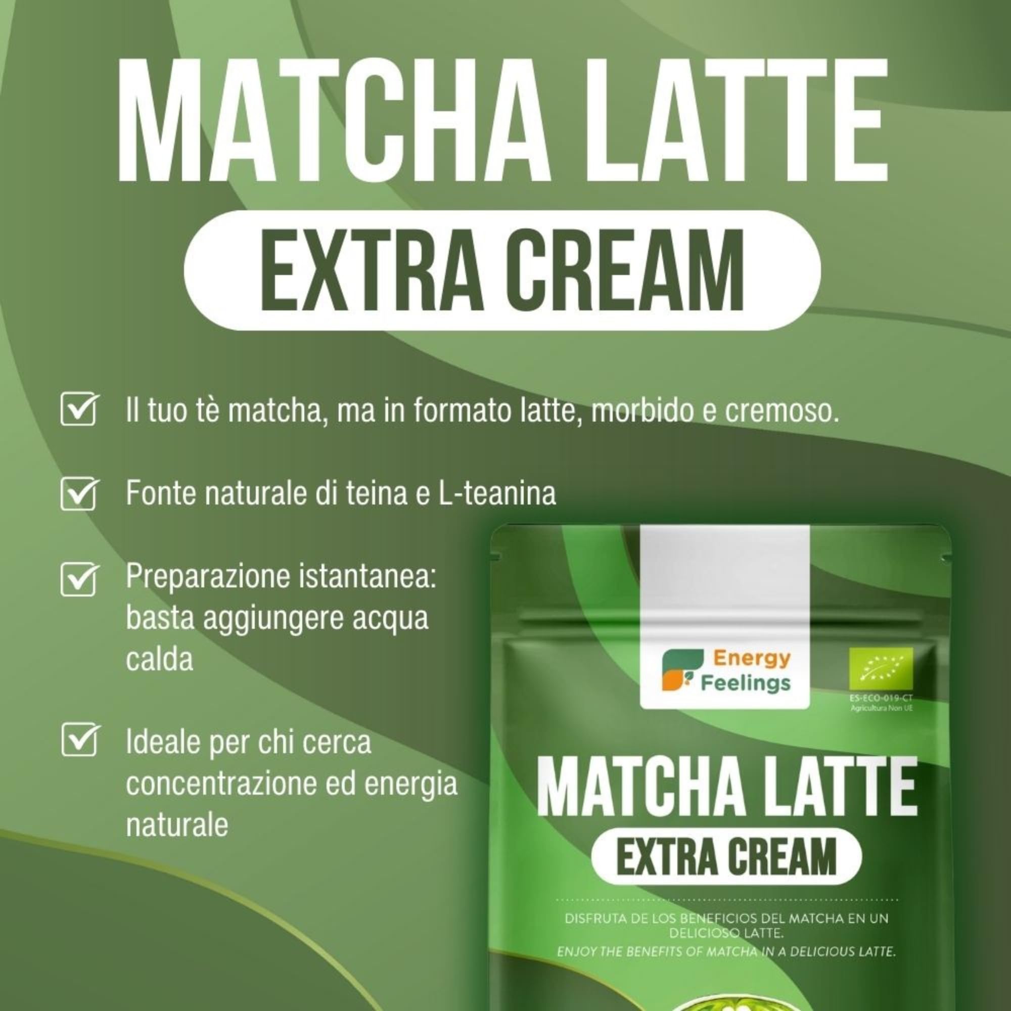 Energy Feelings Batidos Saludables Matcha Latte in Polvere Bio Extra Cream 500 g tè matcha giapponese