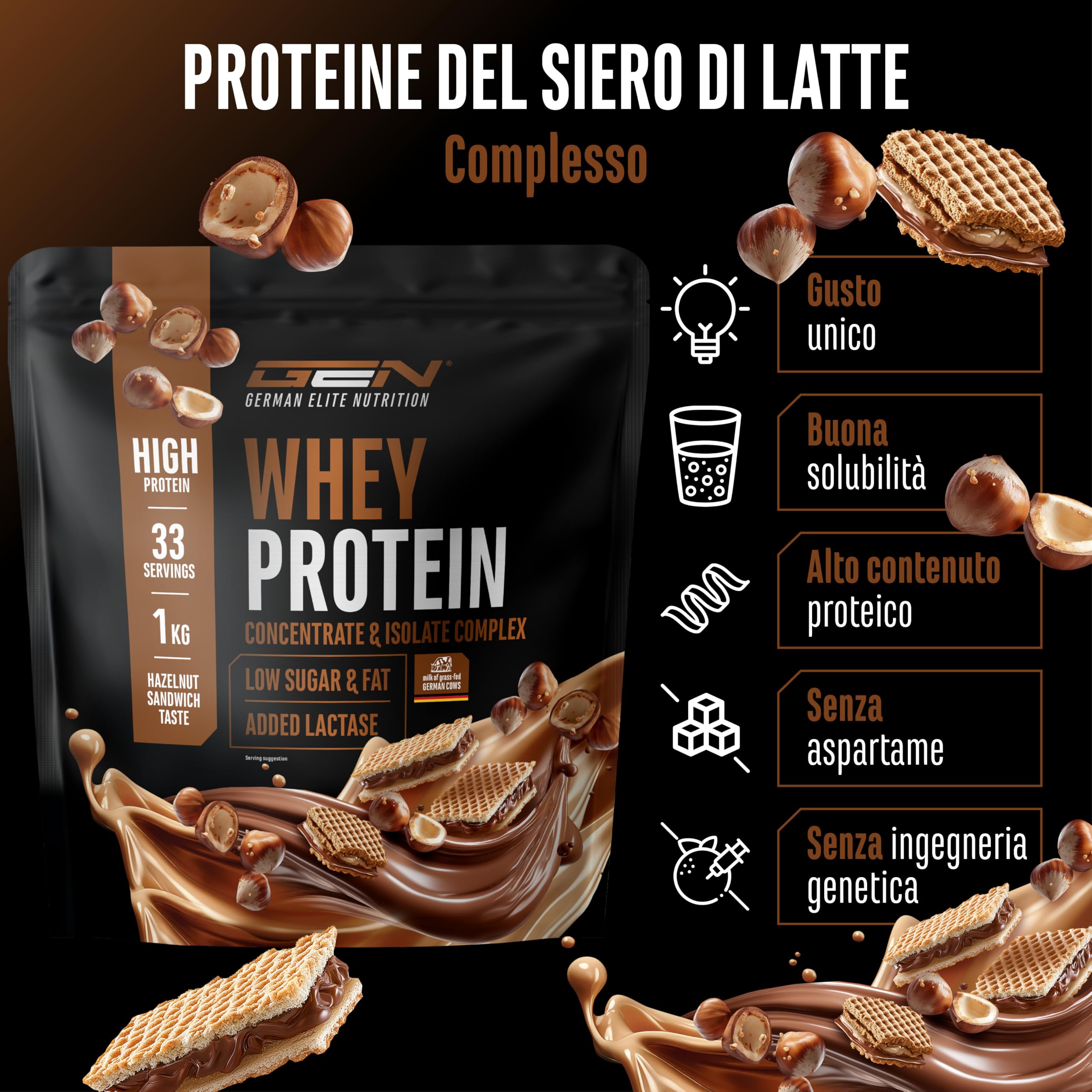 Elite Whey Protein Whey Protein in Polvere Panino alla Nocciola 1000 g con isolato